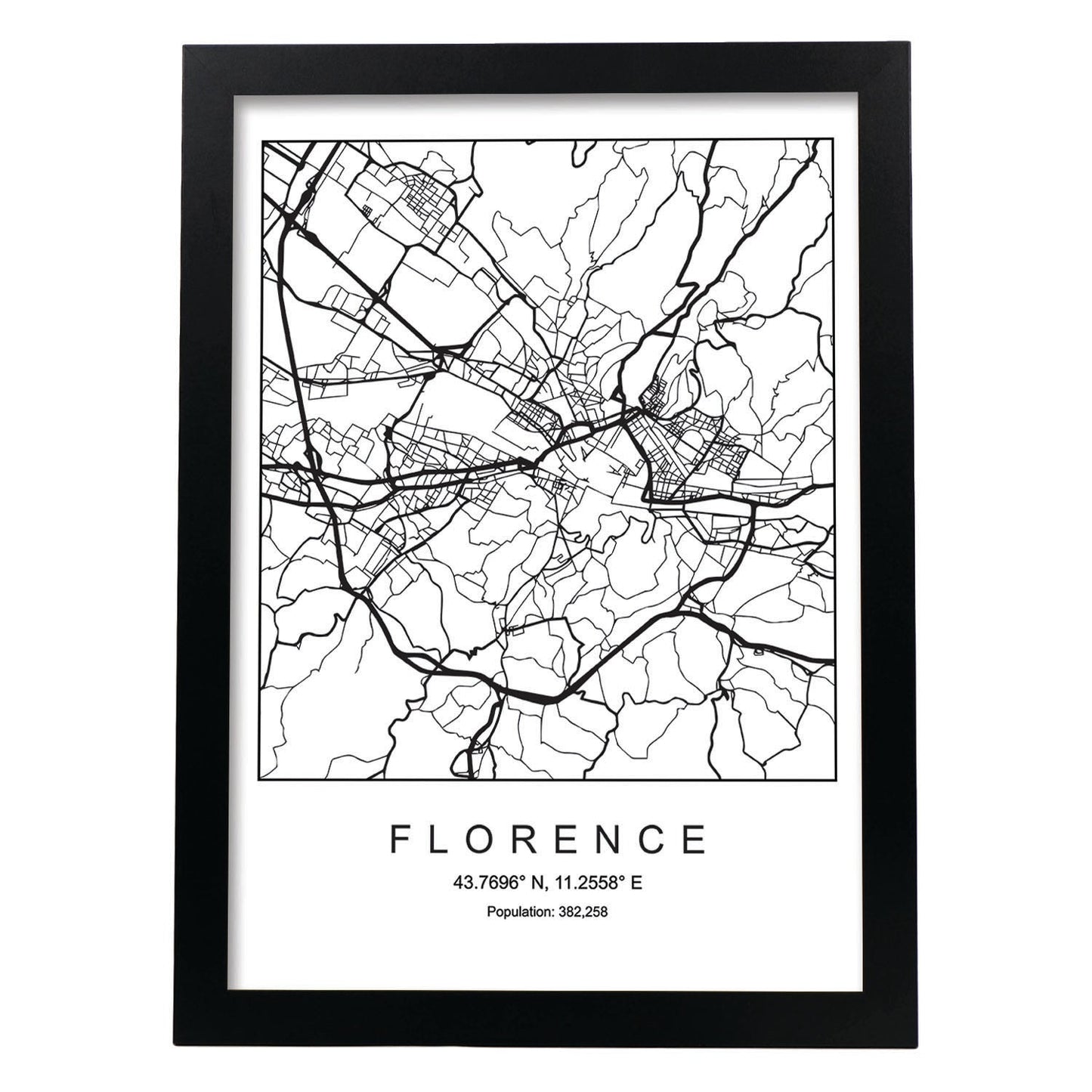 Lámina mapa de la ciudad Florence estilo nordico en blanco y negro.-Artwork-Nacnic-A4-Marco Negro-Nacnic Estudio SL