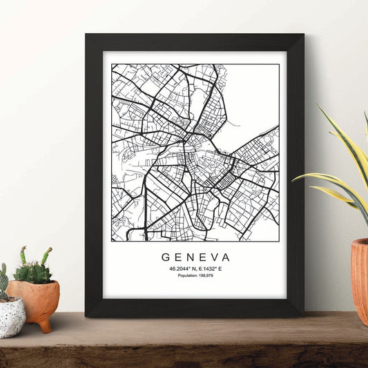 Lámina mapa de la ciudad Geneva estilo nordico en blanco y negro.-Artwork-Nacnic-Nacnic Estudio SL