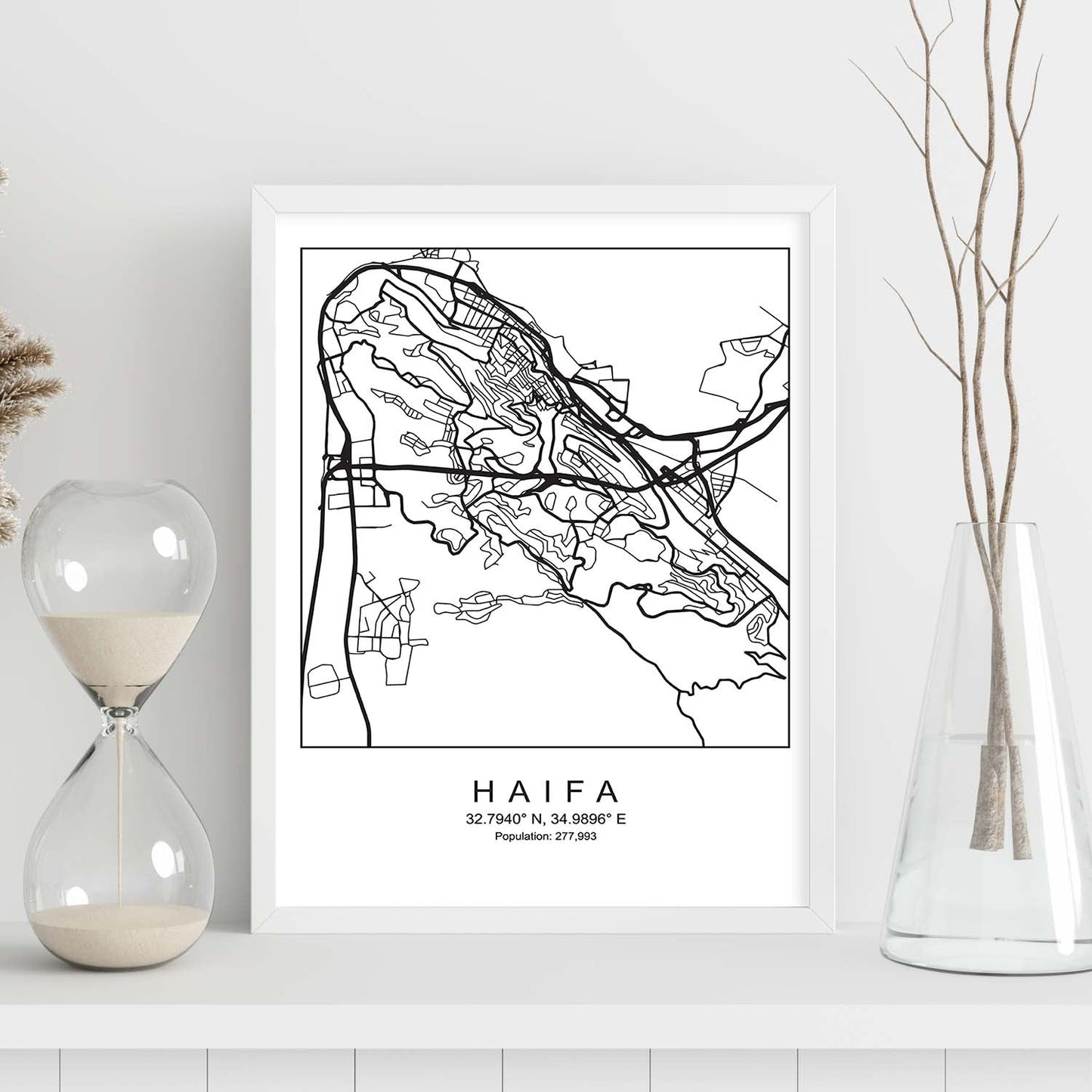 Lámina mapa de la ciudad Haifa estilo nordico en blanco y negro.-Artwork-Nacnic-Nacnic Estudio SL