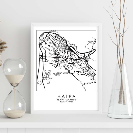 Lámina mapa de la ciudad Haifa estilo nordico en blanco y negro.-Artwork-Nacnic-Nacnic Estudio SL