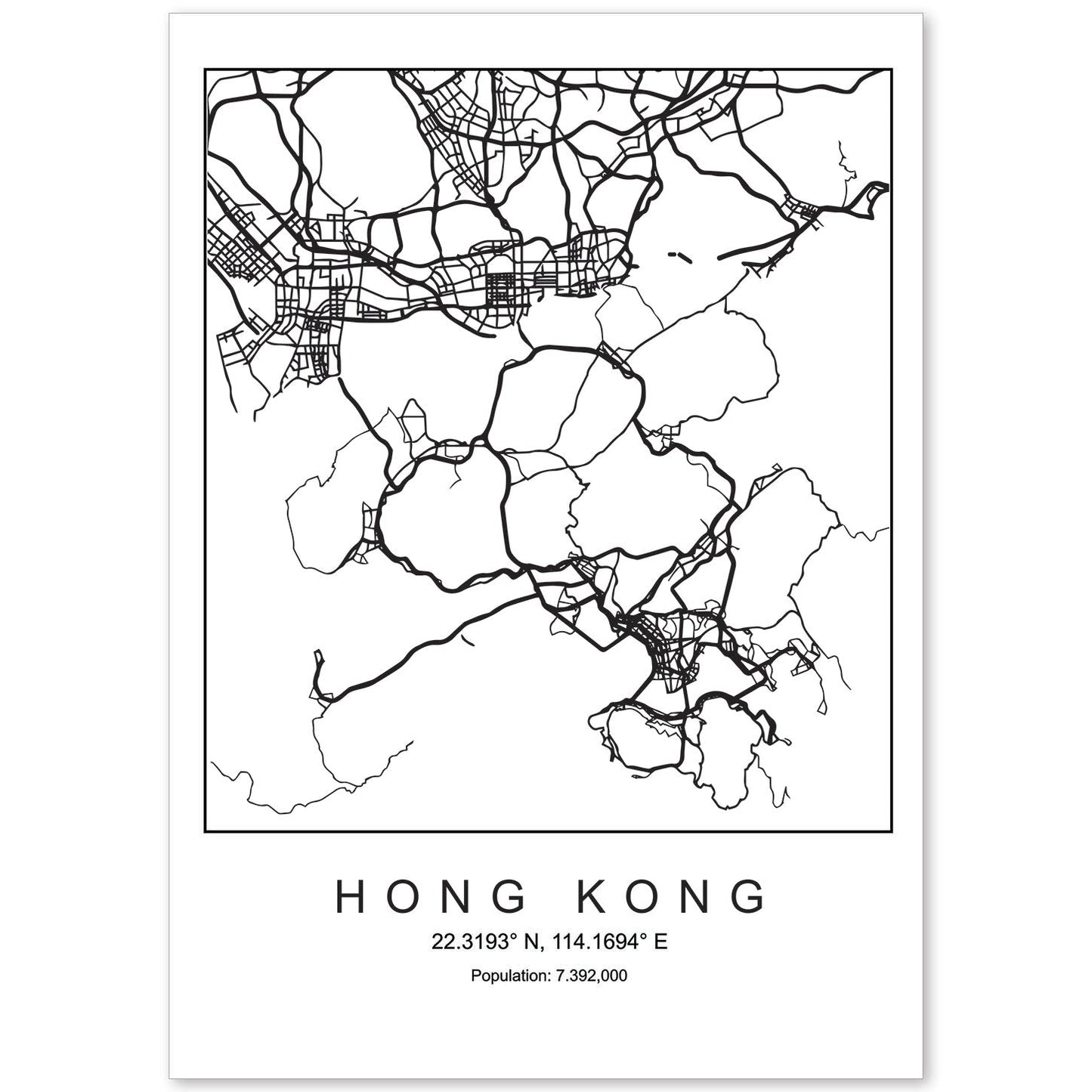 Lámina mapa de la ciudad Hong kong estilo nordico en blanco y negro.-Artwork-Nacnic-A4-Sin marco-Nacnic Estudio SL