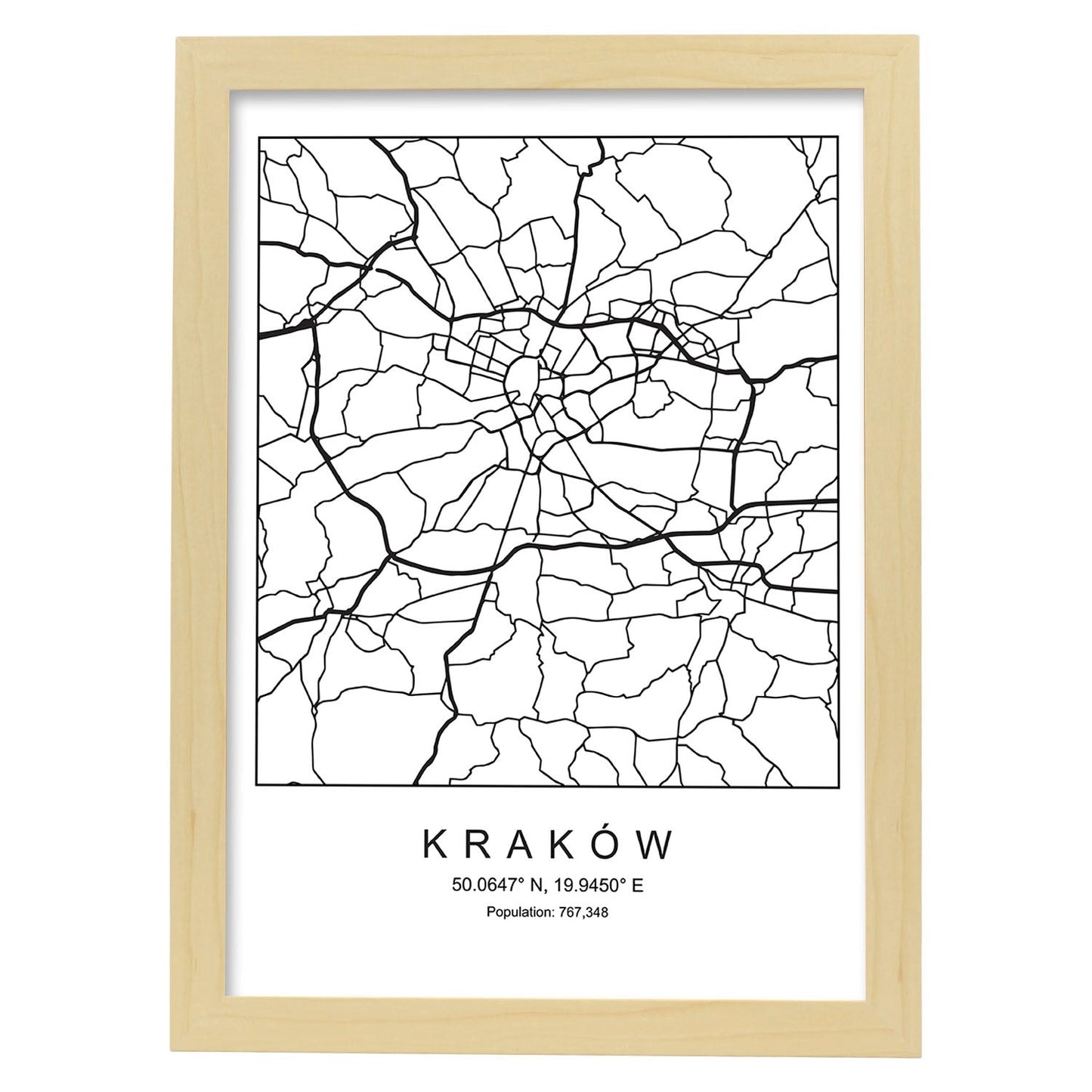 Lámina mapa de la ciudad Kaków estilo nordico en blanco y negro.-Artwork-Nacnic-A4-Marco Madera clara-Nacnic Estudio SL