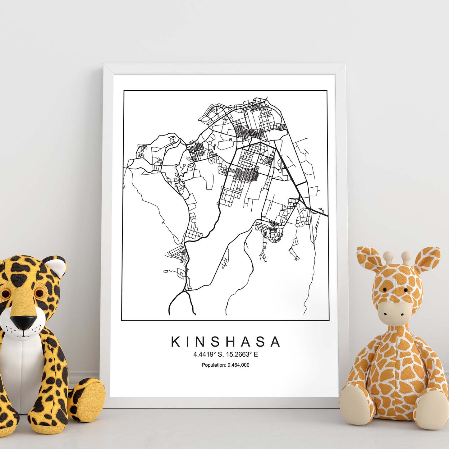 Lámina mapa de la ciudad Kinshasa estilo nordico en blanco y negro.-Artwork-Nacnic-Nacnic Estudio SL