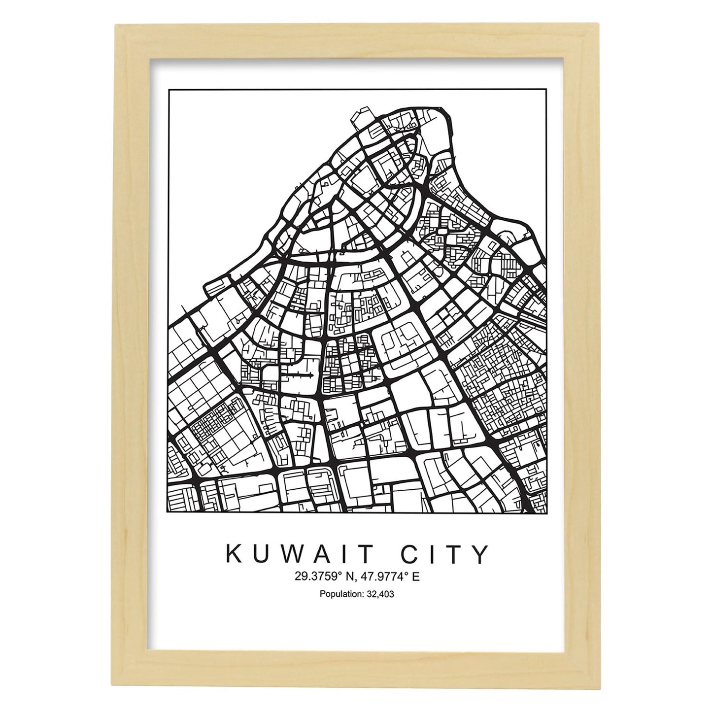Lámina mapa de la ciudad Kuwait city estilo nordico en blanco y negro.-Artwork-Nacnic-A3-Marco Madera clara-Nacnic Estudio SL
