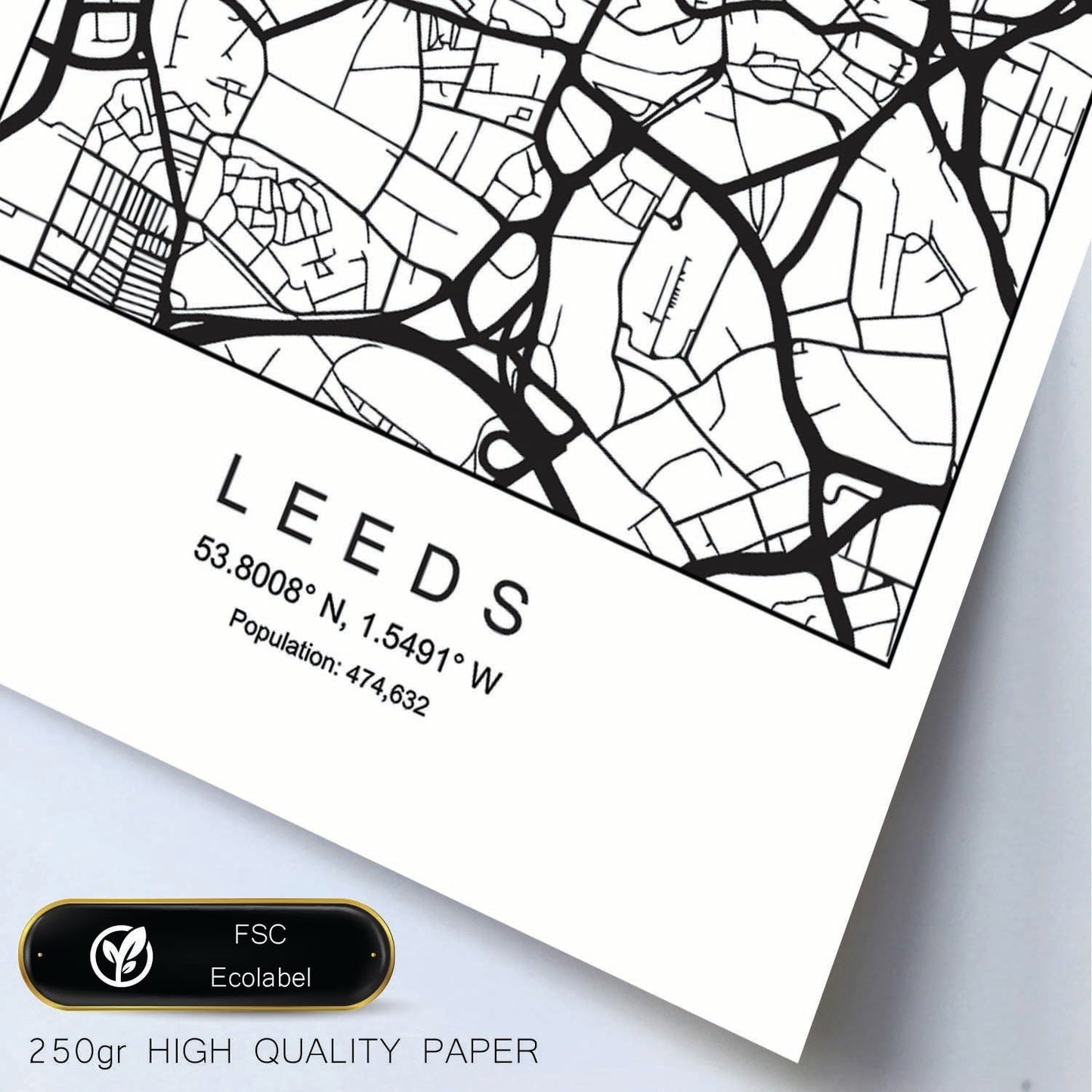 Lámina mapa de la ciudad Leeds estilo nordico en blanco y negro.-Artwork-Nacnic-Nacnic Estudio SL