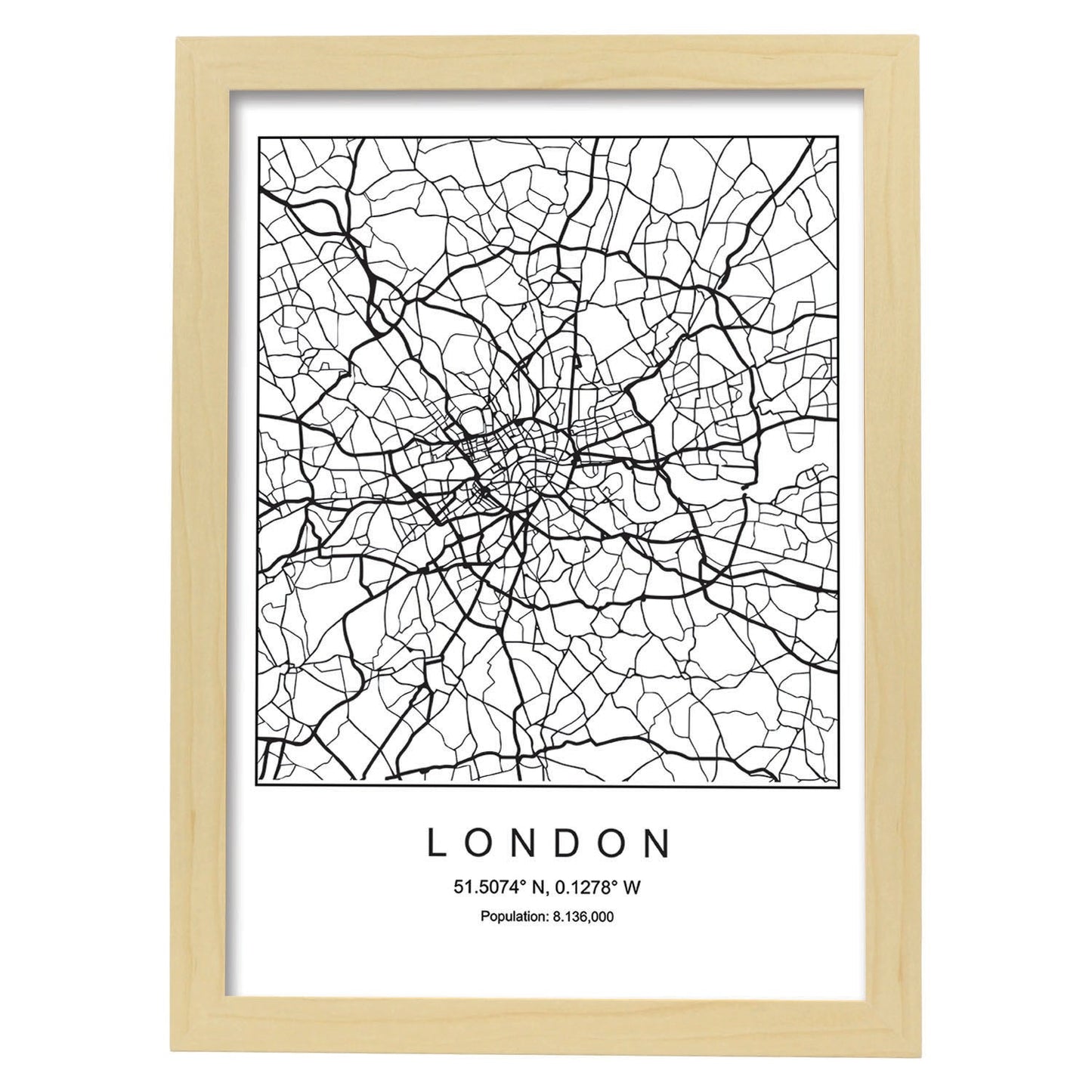 Lámina mapa de la ciudad London estilo nordico en blanco y negro.-Artwork-Nacnic-A3-Marco Madera clara-Nacnic Estudio SL