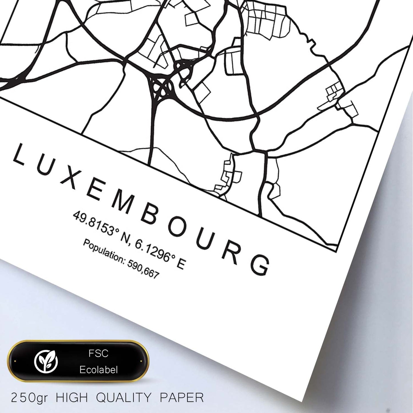 Lámina mapa de la ciudad Luxembourg estilo nordico en blanco y negro.-Artwork-Nacnic-Nacnic Estudio SL