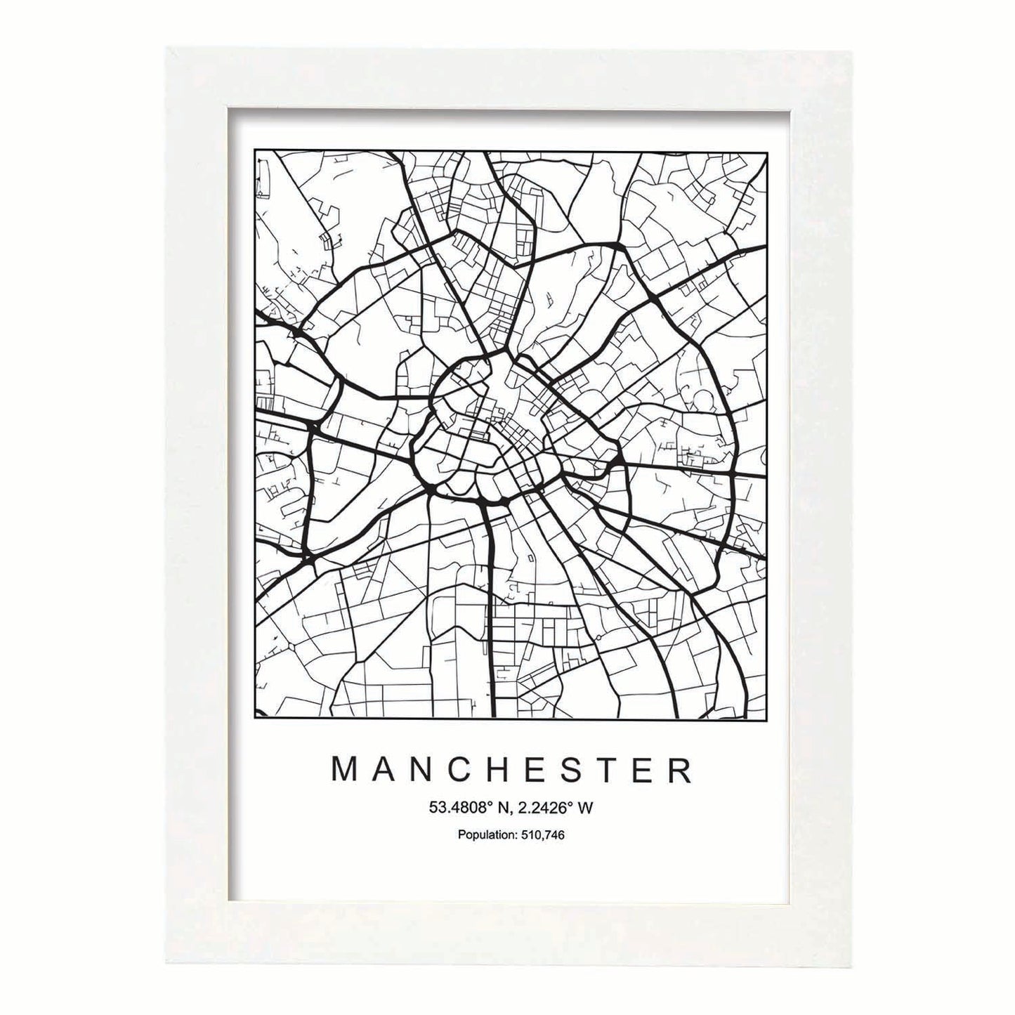 Lámina mapa de la ciudad Manchester estilo nordico en blanco y negro.-Artwork-Nacnic-A3-Marco Blanco-Nacnic Estudio SL