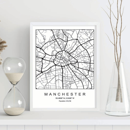 Lámina mapa de la ciudad Manchester estilo nordico en blanco y negro.-Artwork-Nacnic-Nacnic Estudio SL