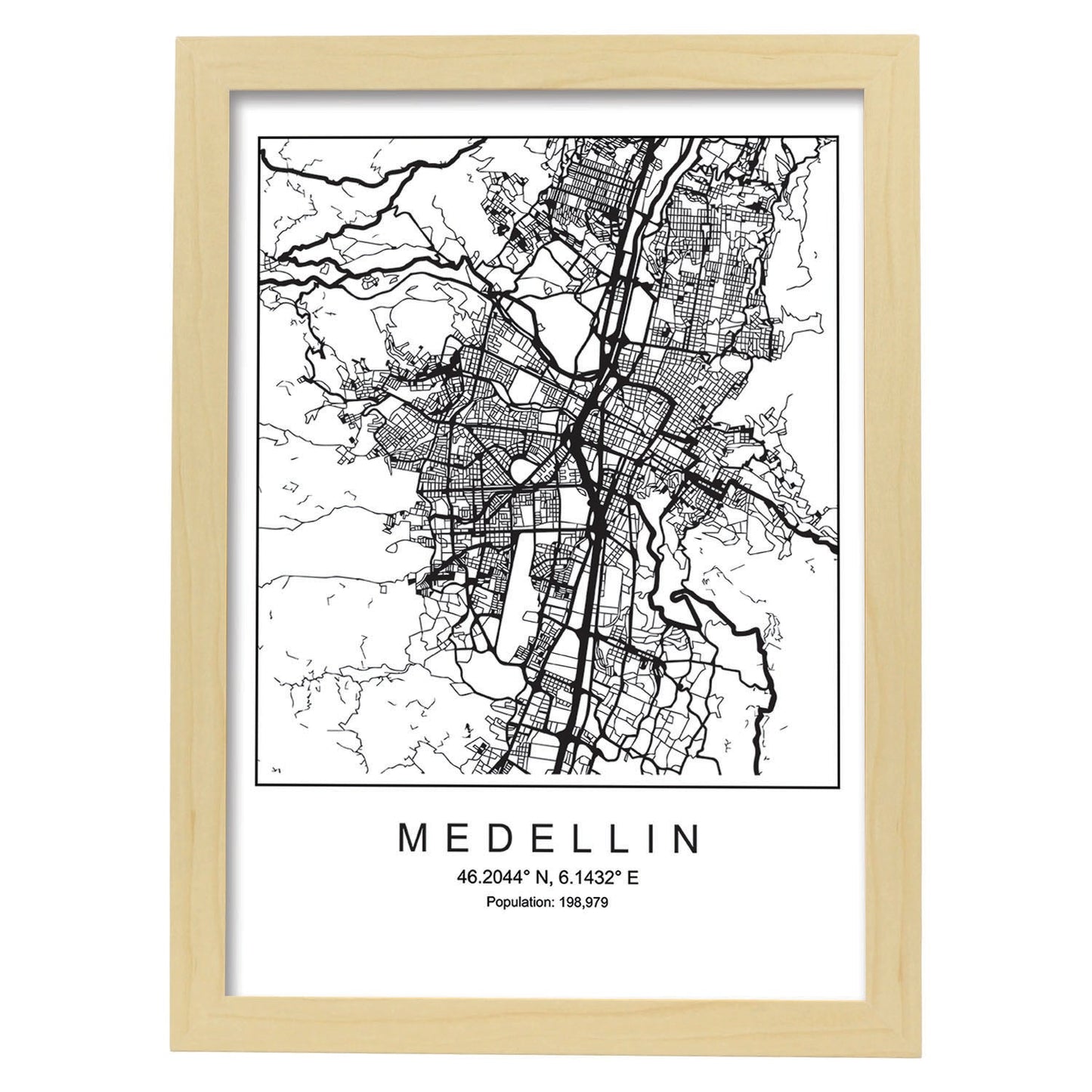 Lámina mapa de la ciudad Medellin estilo nordico en blanco y negro.-Artwork-Nacnic-A3-Marco Madera clara-Nacnic Estudio SL