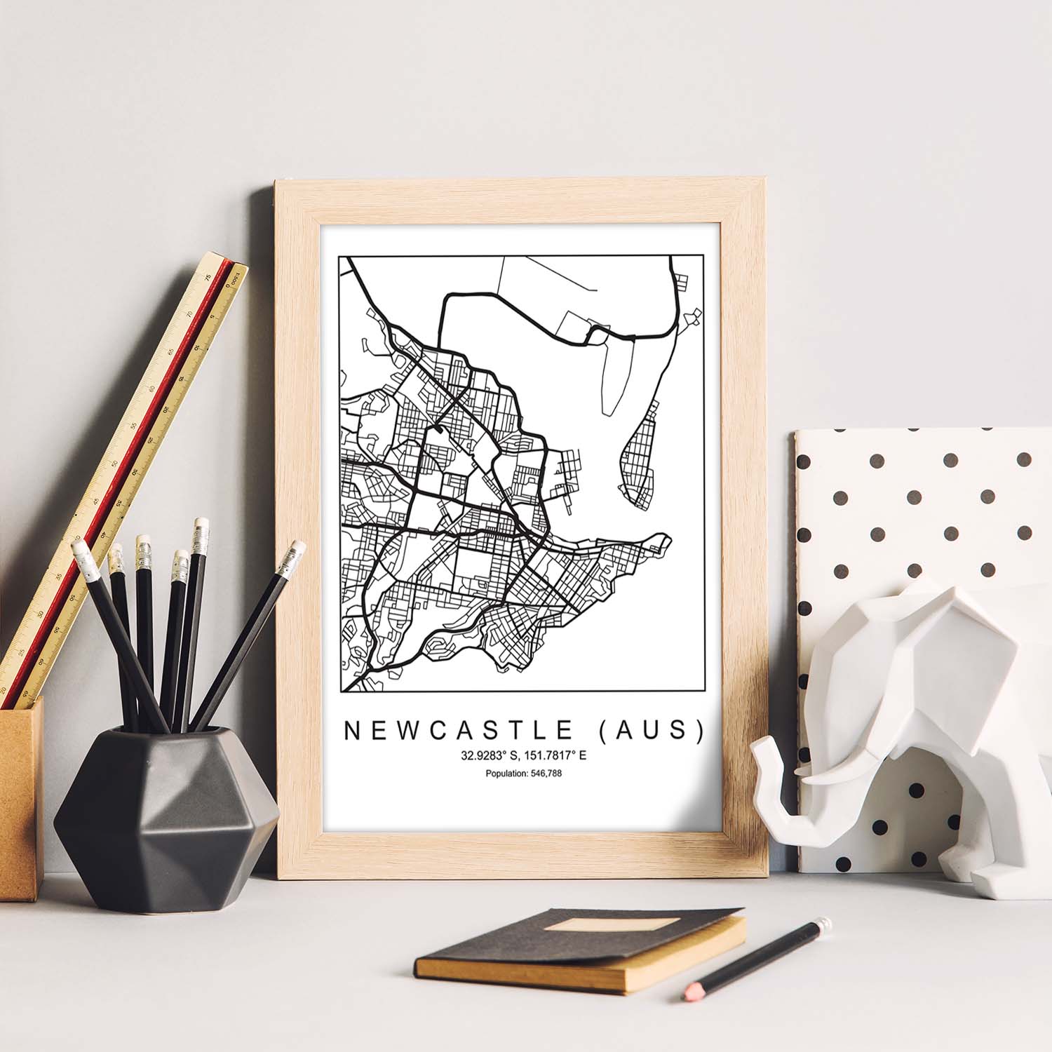 Lámina mapa de la ciudad Newcastle (aus) estilo nordico en blanco y negro.-Artwork-Nacnic-Nacnic Estudio SL