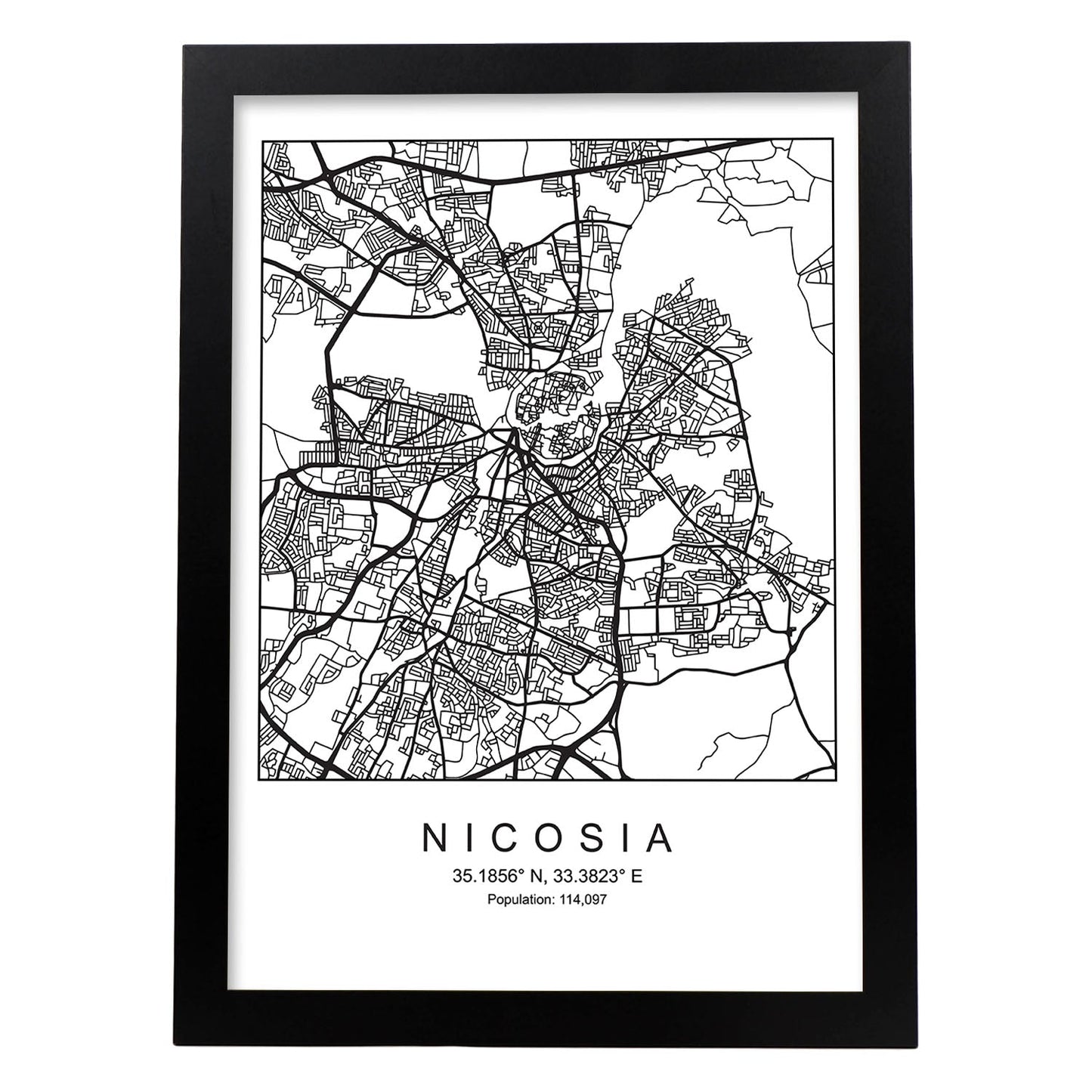 Lámina mapa de la ciudad Nicosia estilo nordico en blanco y negro.-Artwork-Nacnic-A3-Marco Negro-Nacnic Estudio SL