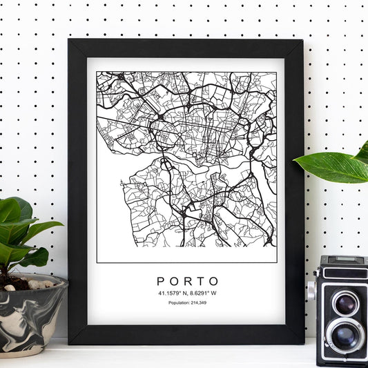 Lámina mapa de la ciudad Porto estilo nordico en blanco y negro.-Artwork-Nacnic-Nacnic Estudio SL