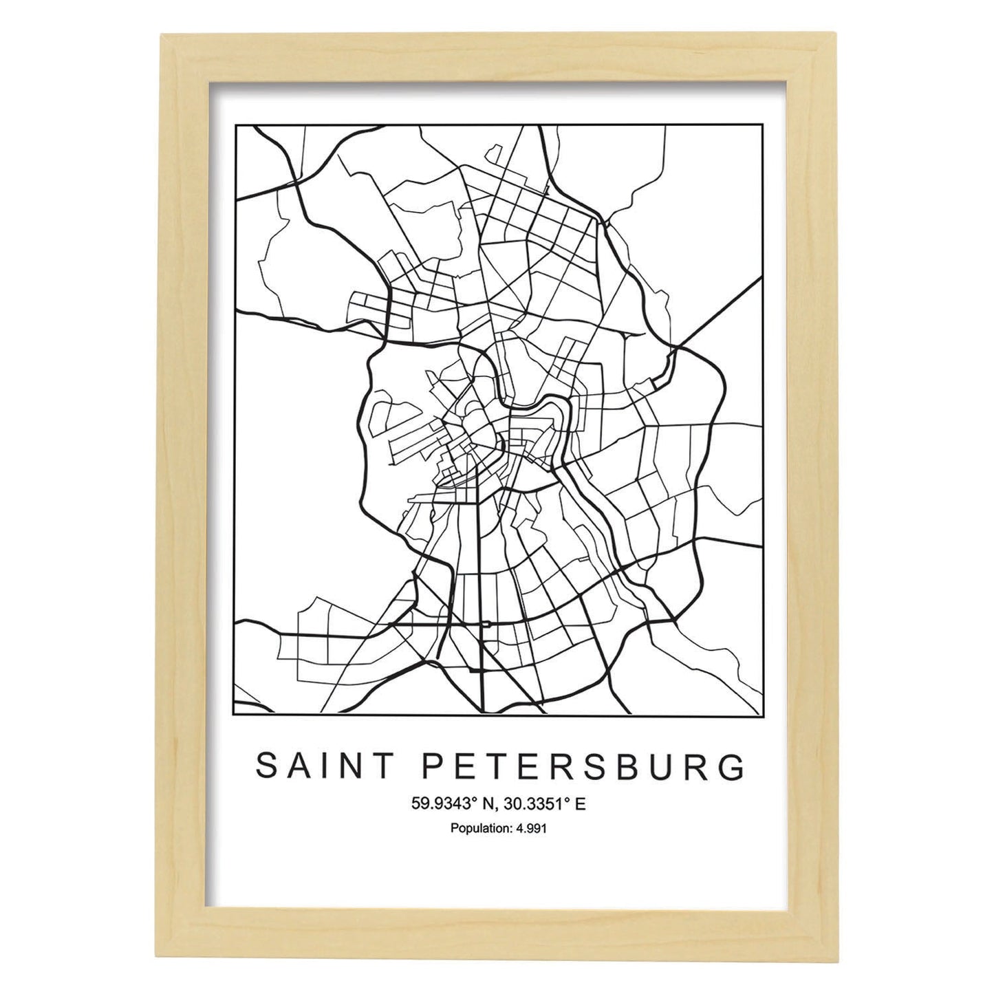 Lámina mapa de la ciudad Saint petersburg estilo nordico en blanco y negro.-Artwork-Nacnic-A3-Marco Madera clara-Nacnic Estudio SL
