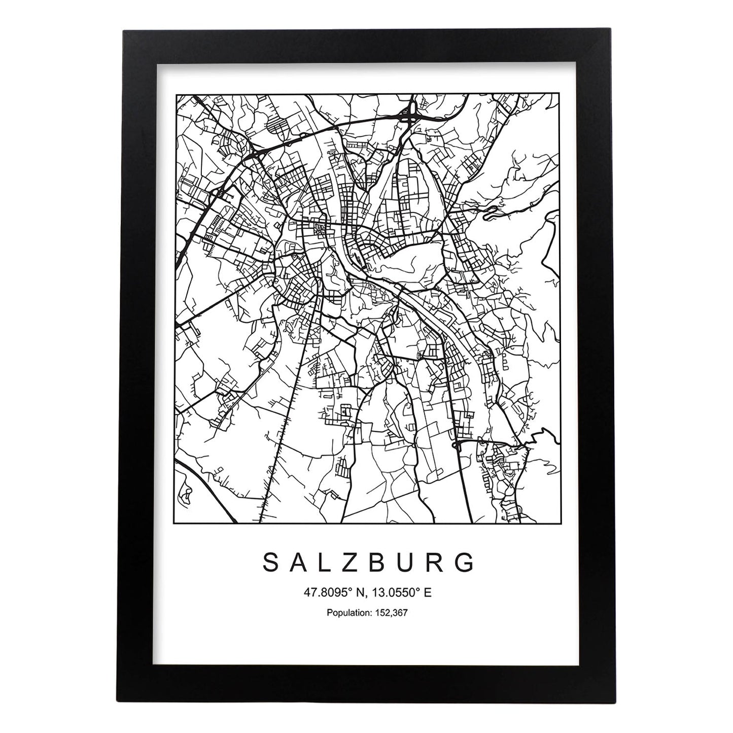 Lámina mapa de la ciudad Salzburg estilo nordico en blanco y negro.-Artwork-Nacnic-A4-Marco Negro-Nacnic Estudio SL