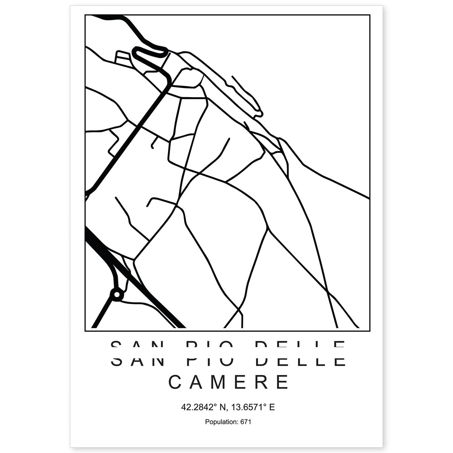 Lámina mapa de la ciudad San pio delle camere estilo nordico en blanco y negro.-Artwork-Nacnic-A4-Sin marco-Nacnic Estudio SL
