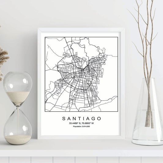 Lámina mapa de la ciudad Santiago estilo nordico en blanco y negro.-Artwork-Nacnic-Nacnic Estudio SL