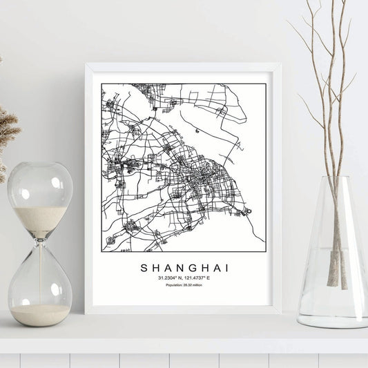 Lámina mapa de la ciudad Shanghai estilo nordico en blanco y negro.-Artwork-Nacnic-Nacnic Estudio SL