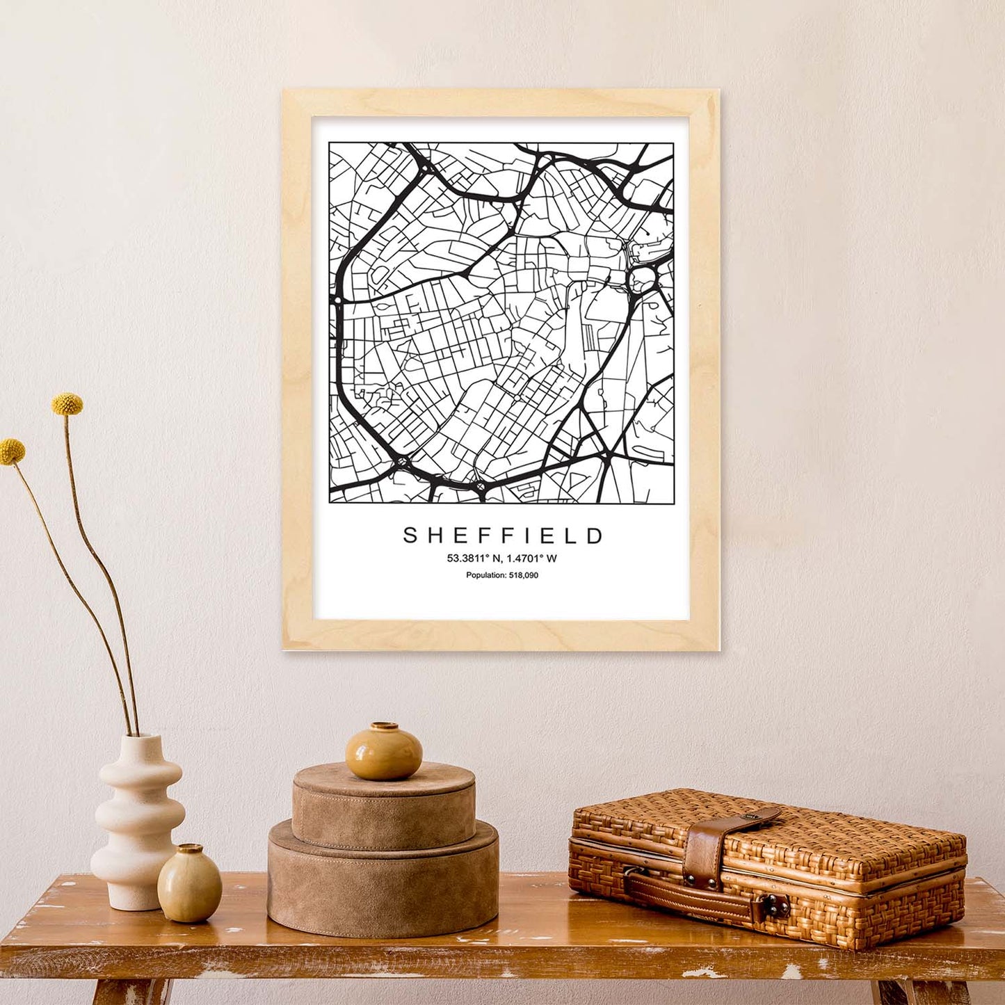 Lámina mapa de la ciudad Sheffield estilo nordico en blanco y negro.-Artwork-Nacnic-Nacnic Estudio SL