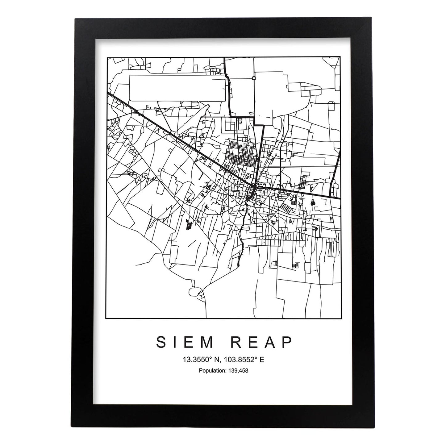 Lámina mapa de la ciudad Siem reap estilo nordico en blanco y negro.-Artwork-Nacnic-A4-Marco Negro-Nacnic Estudio SL