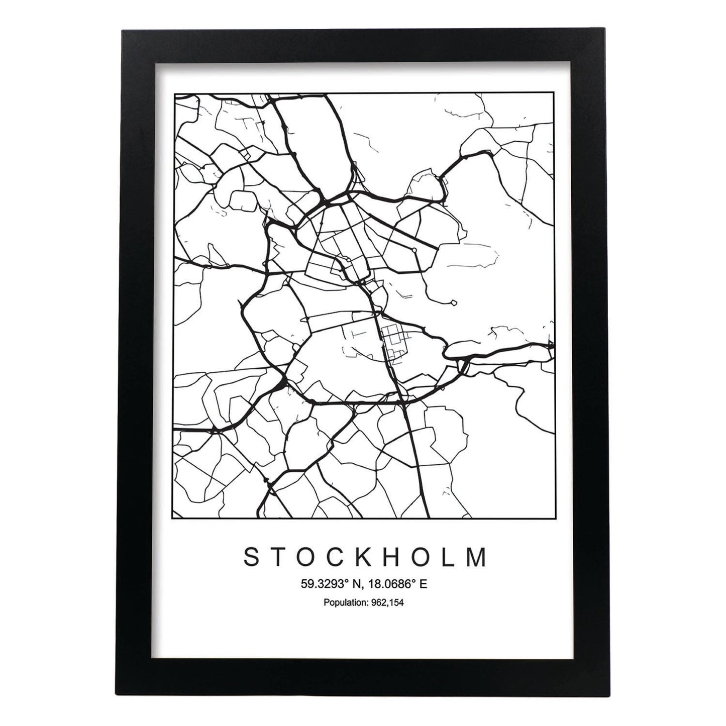 Lámina mapa de la ciudad Stockholm estilo nordico en blanco y negro.-Artwork-Nacnic-A4-Marco Negro-Nacnic Estudio SL
