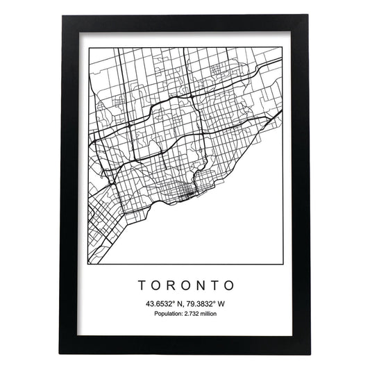 Lámina Mapa de la Ciudad Toronto Estilo nordico en Blanco y negro.-Artwork-Nacnic-A4-Marco Negro-Nacnic Estudio SL