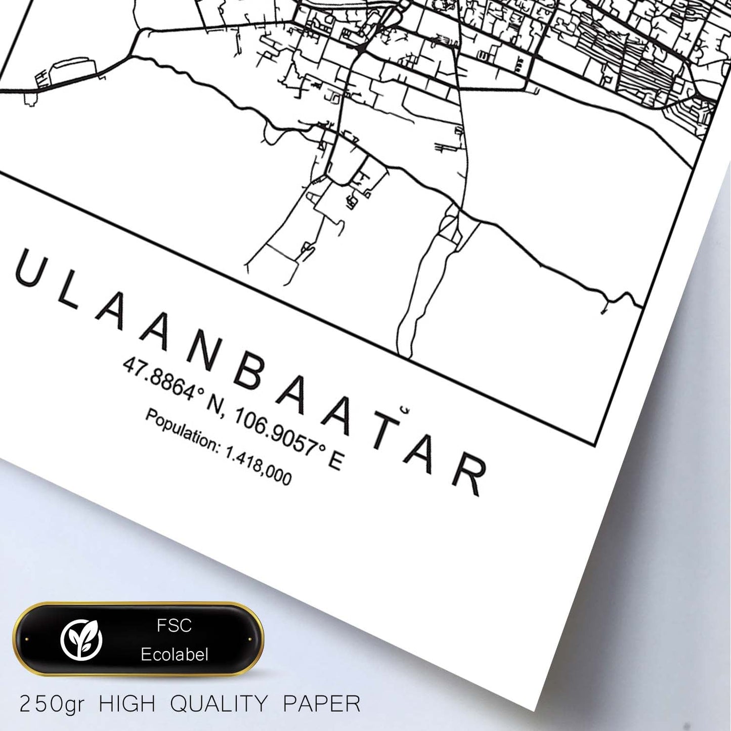 Lámina Mapa de la Ciudad Ulaanbaatar Estilo nordico en Blanco y negro.-Artwork-Nacnic-Nacnic Estudio SL