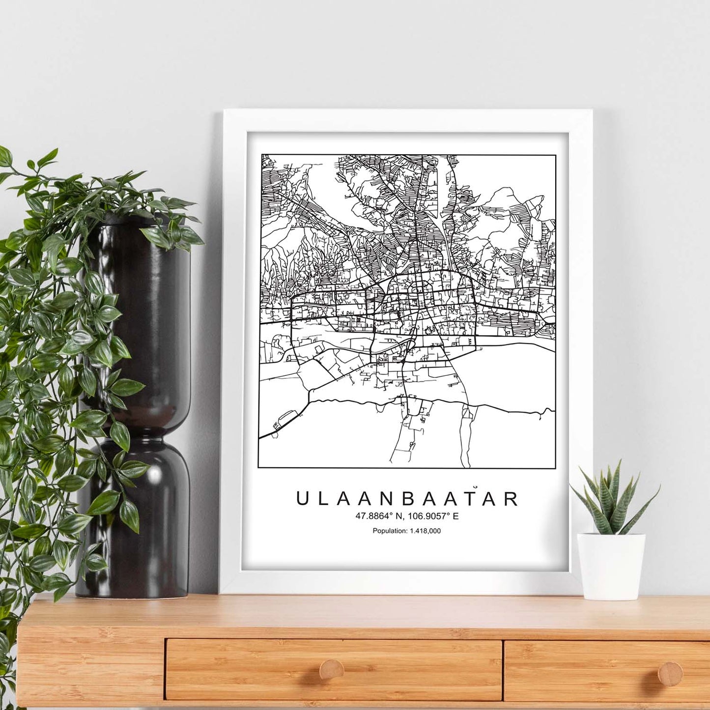 Lámina Mapa de la Ciudad Ulaanbaatar Estilo nordico en Blanco y negro.-Artwork-Nacnic-Nacnic Estudio SL