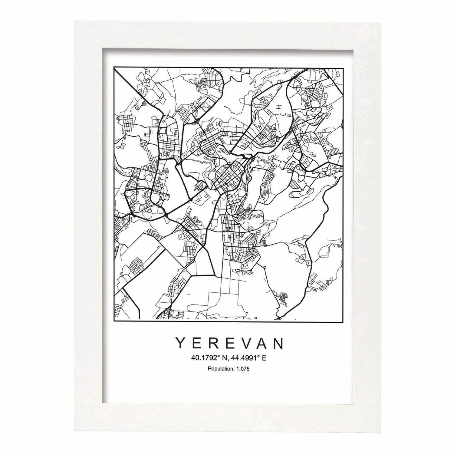 Lámina Mapa de la Ciudad Yerevan Estilo nordico en Blanco y negro.-Artwork-Nacnic-A3-Marco Blanco-Nacnic Estudio SL