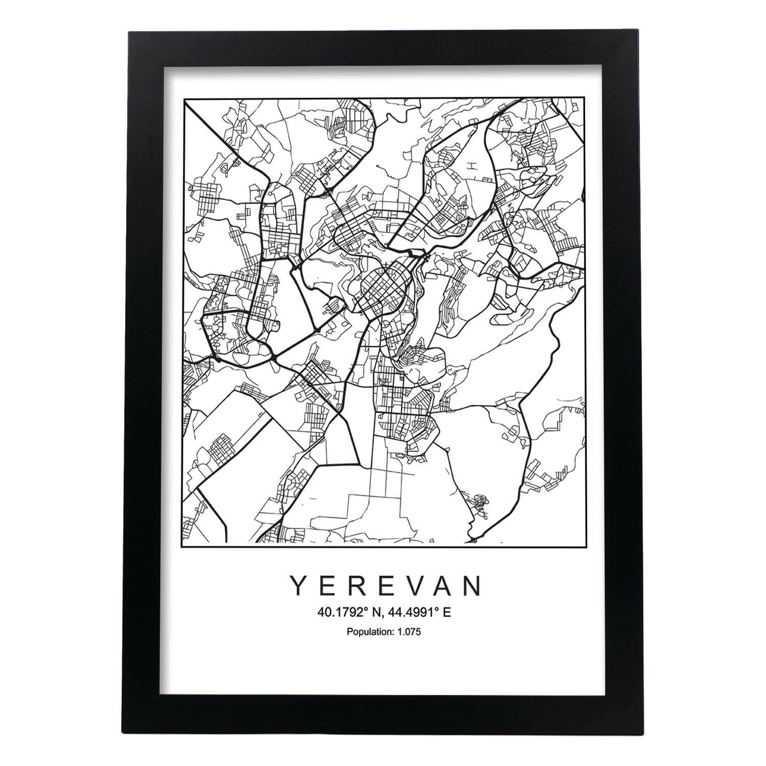 Lámina Mapa de la Ciudad Yerevan Estilo nordico en Blanco y negro.-Artwork-Nacnic-A3-Marco Negro-Nacnic Estudio SL