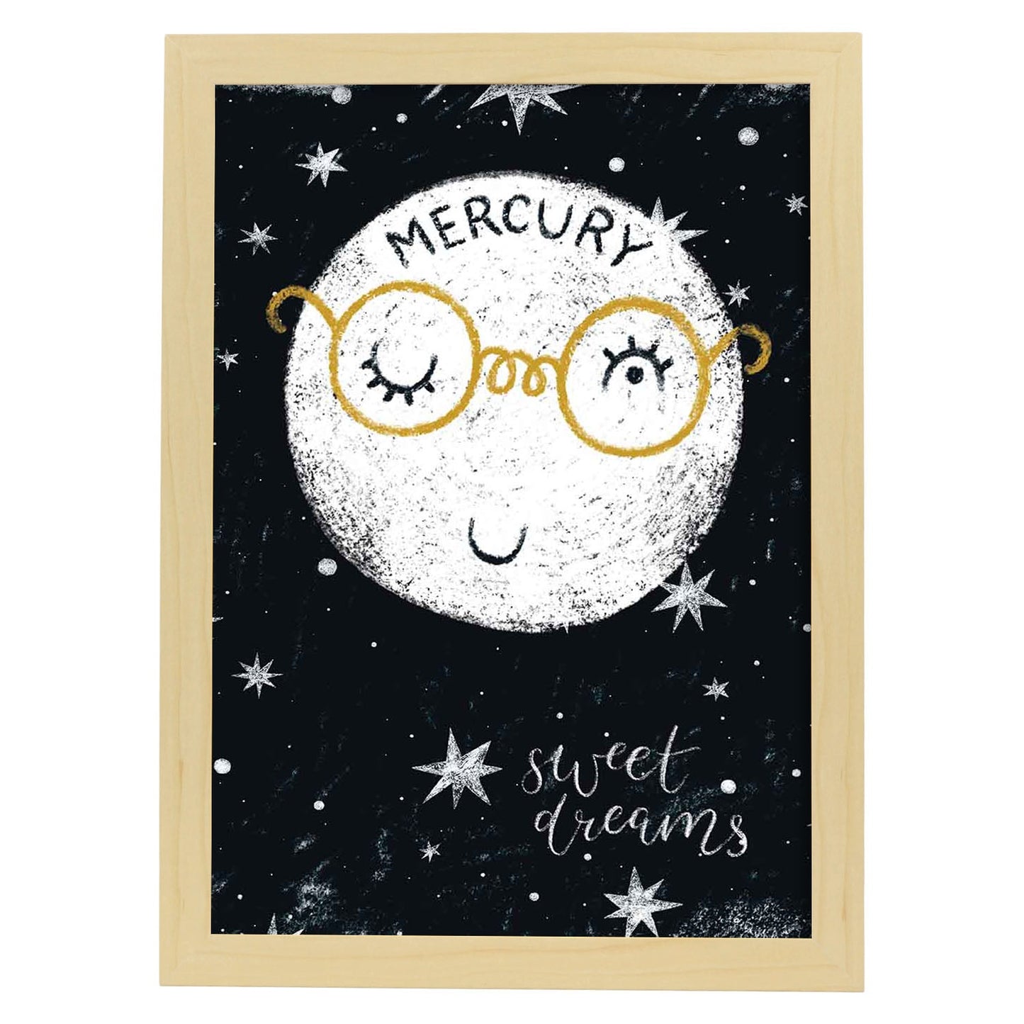 Lámina Mercurio Estilo nordico blanco y negro. Composiciones planetarias infantiles.-Artwork-Nacnic-A4-Marco Madera clara-Nacnic Estudio SL