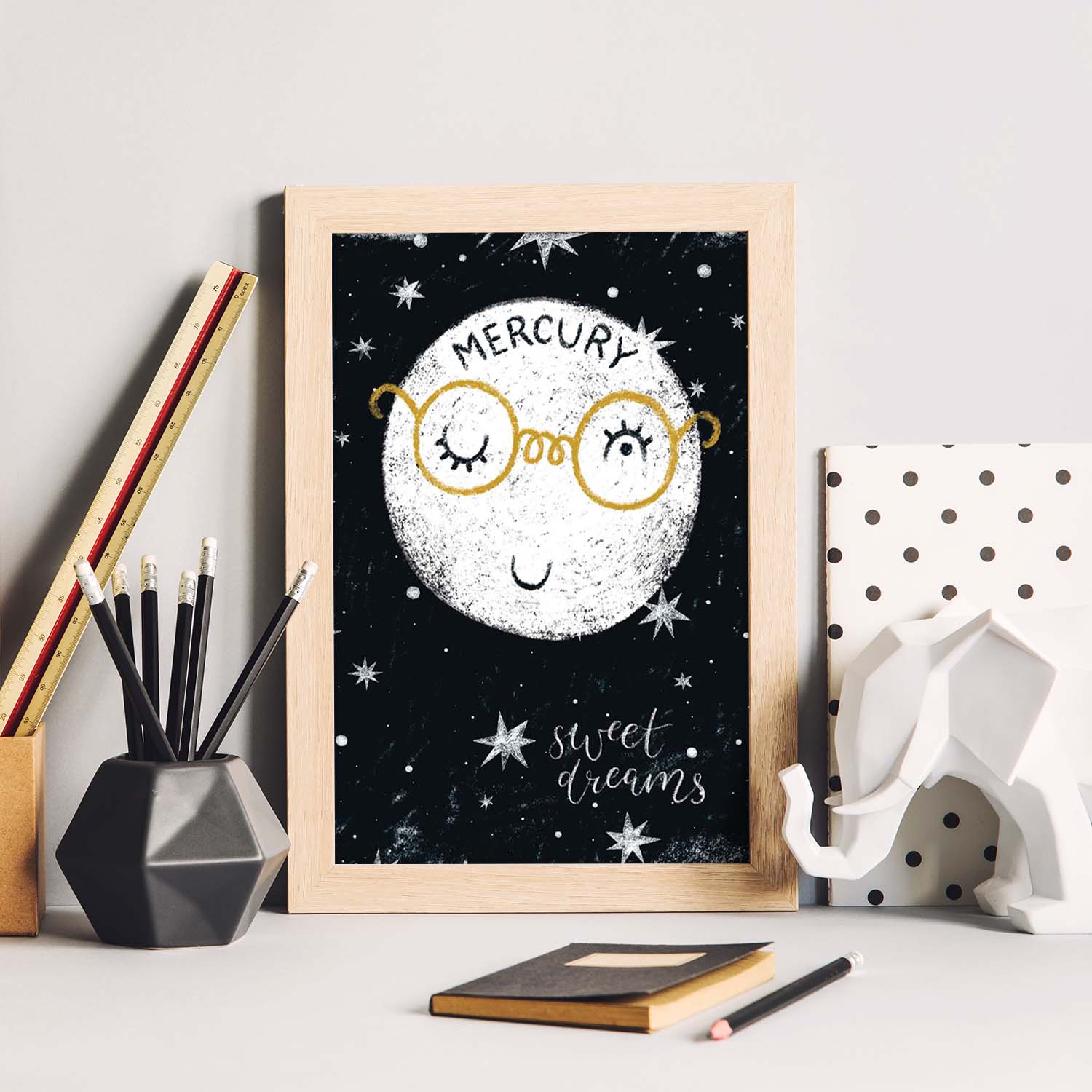 Lámina Mercurio Estilo nordico blanco y negro. Composiciones planetarias infantiles.-Artwork-Nacnic-Nacnic Estudio SL
