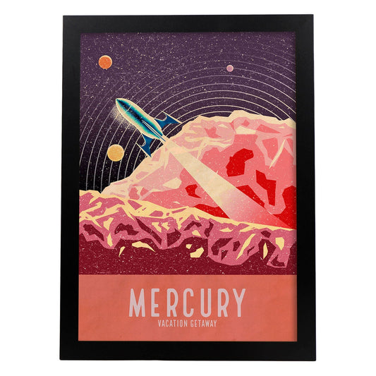Lámina Mercurio. Pósters con detalladas ilustraciones del espacio. Coloridas imágenes de satélites, estrellas y planetas.-Artwork-Nacnic-A4-Marco Negro-Nacnic Estudio SL