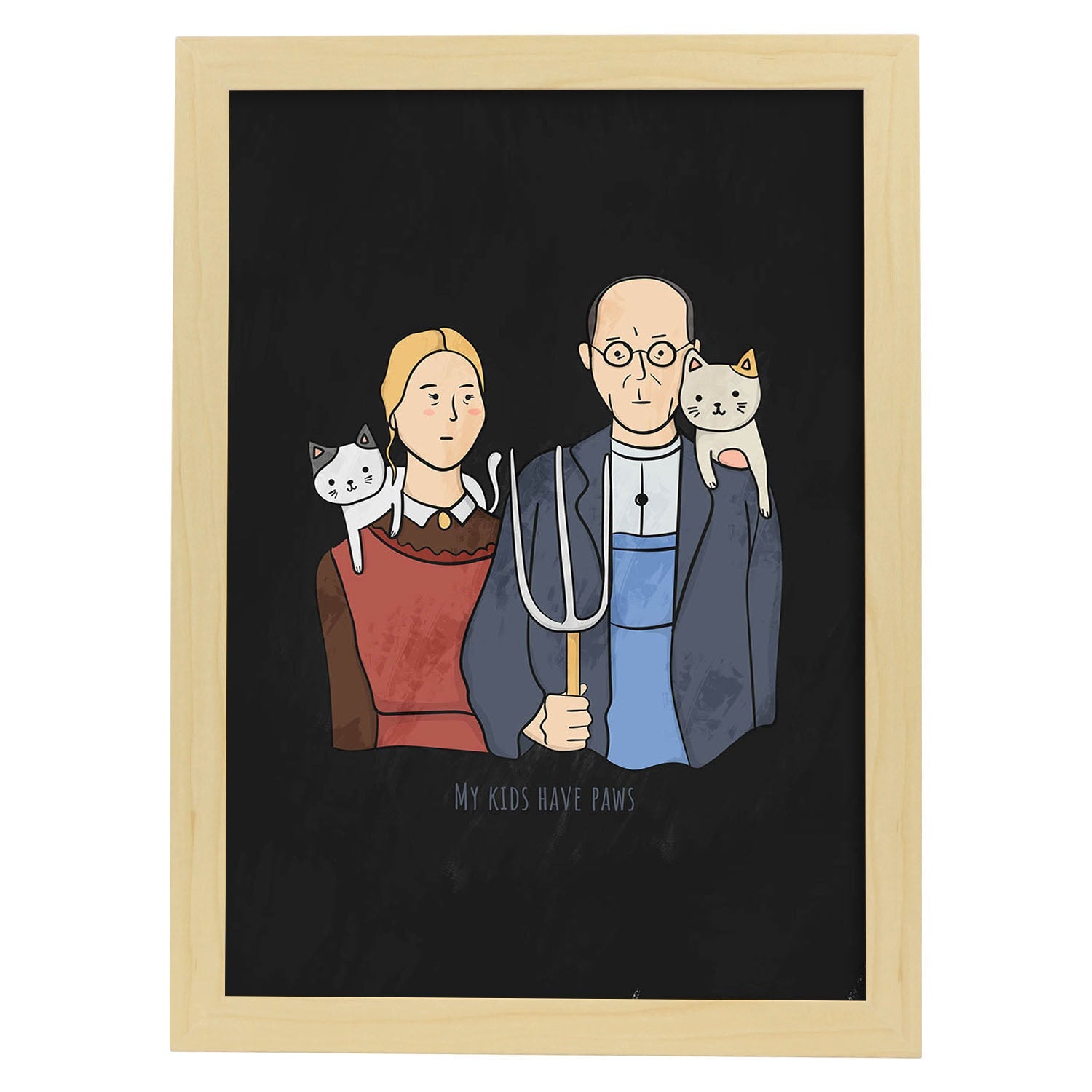 Lámina Mis hijos tienen zarpas. Pósters de gatos con divertidas referencias al mundo del arte.-Artwork-Nacnic-A3-Marco Madera clara-Nacnic Estudio SL