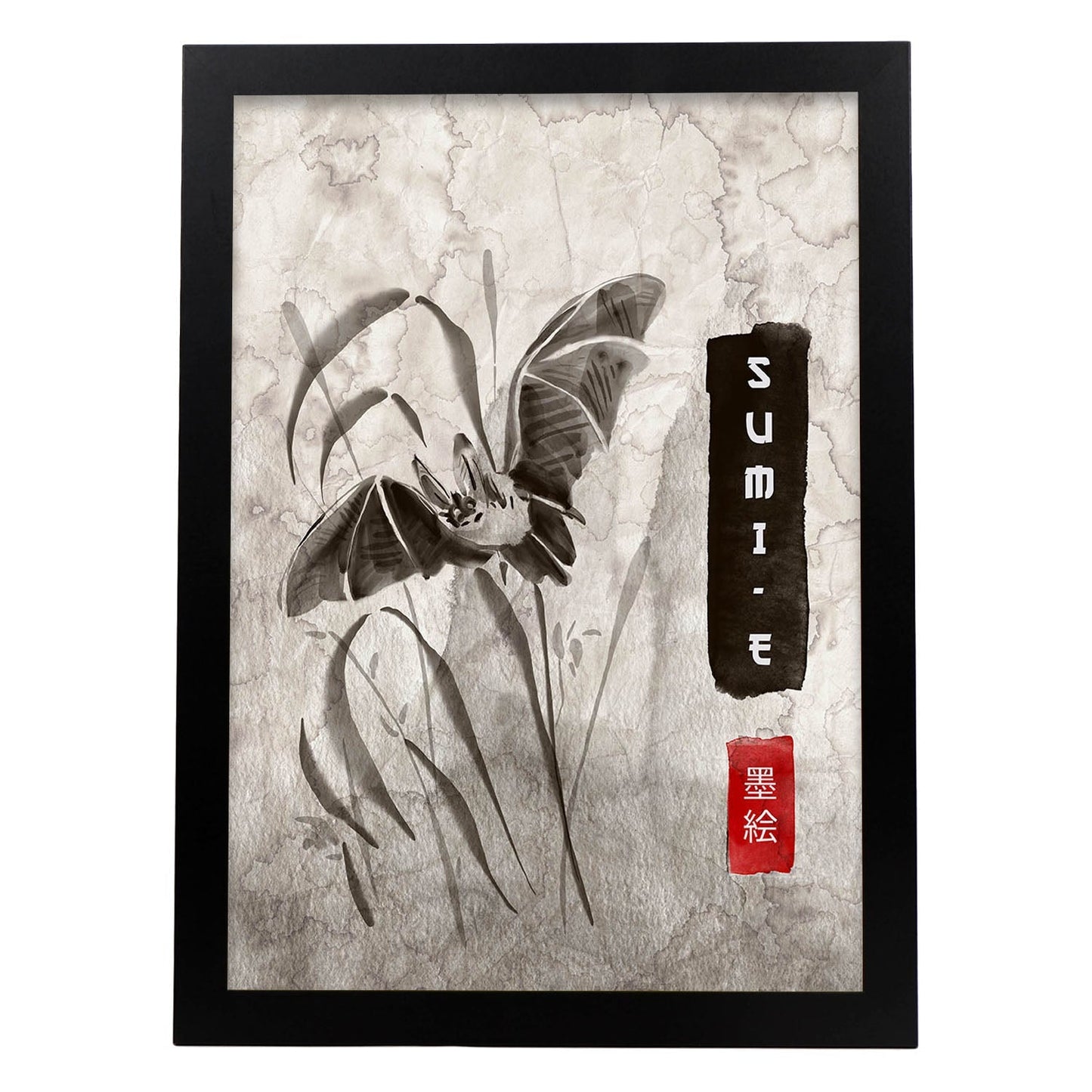 Lámina Murcielago. Pósters en estilo Sumi-E. Imágenes vintage de animales en tonos grises.-Artwork-Nacnic-A3-Marco Negro-Nacnic Estudio SL