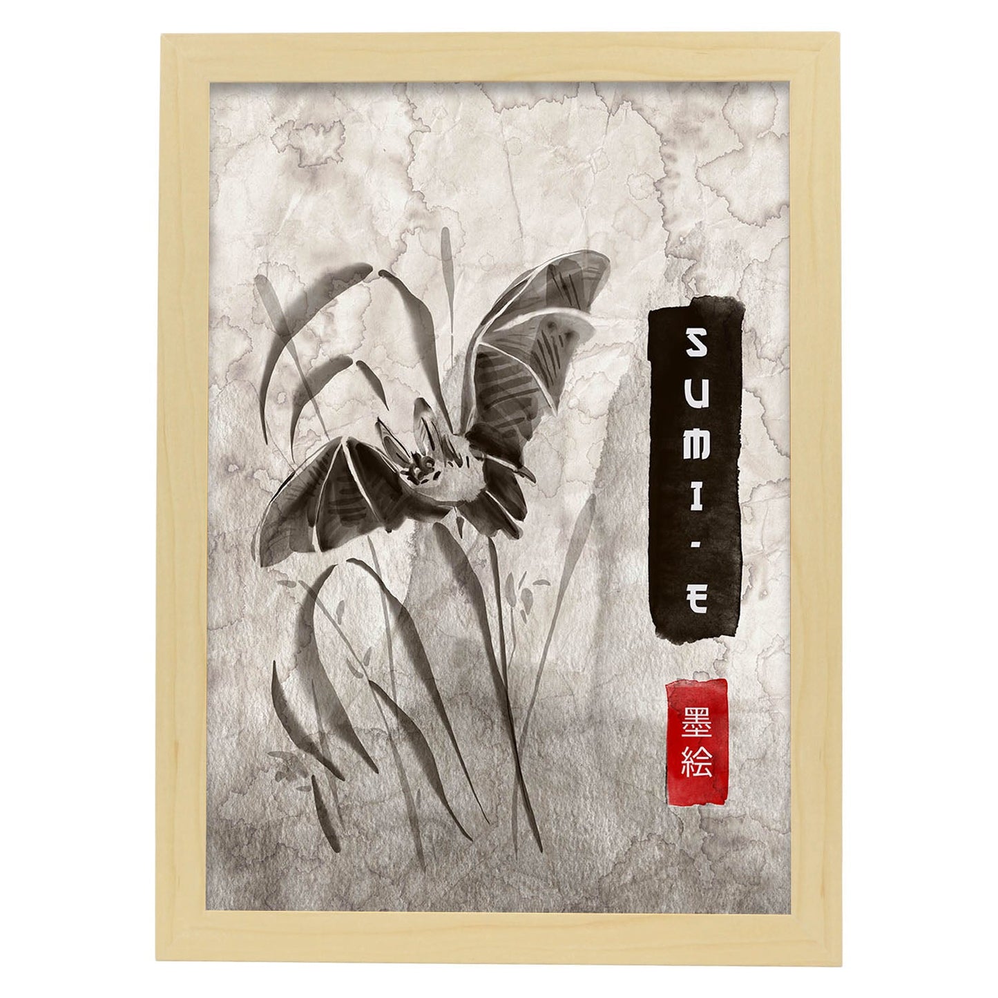 Lámina Murcielago. Pósters en estilo Sumi-E. Imágenes vintage de animales en tonos grises.-Artwork-Nacnic-A4-Marco Madera clara-Nacnic Estudio SL