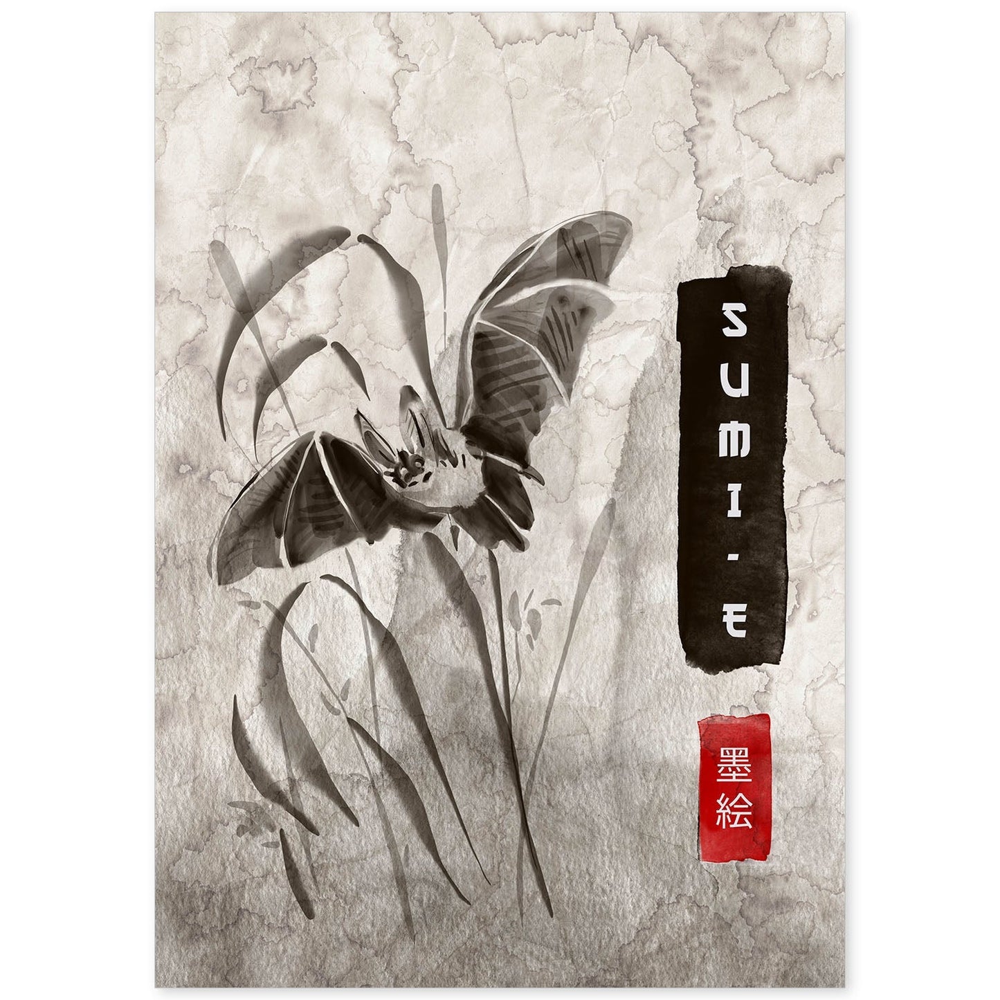 Lámina Murcielago. Pósters en estilo Sumi-E. Imágenes vintage de animales en tonos grises.-Artwork-Nacnic-A4-Sin marco-Nacnic Estudio SL