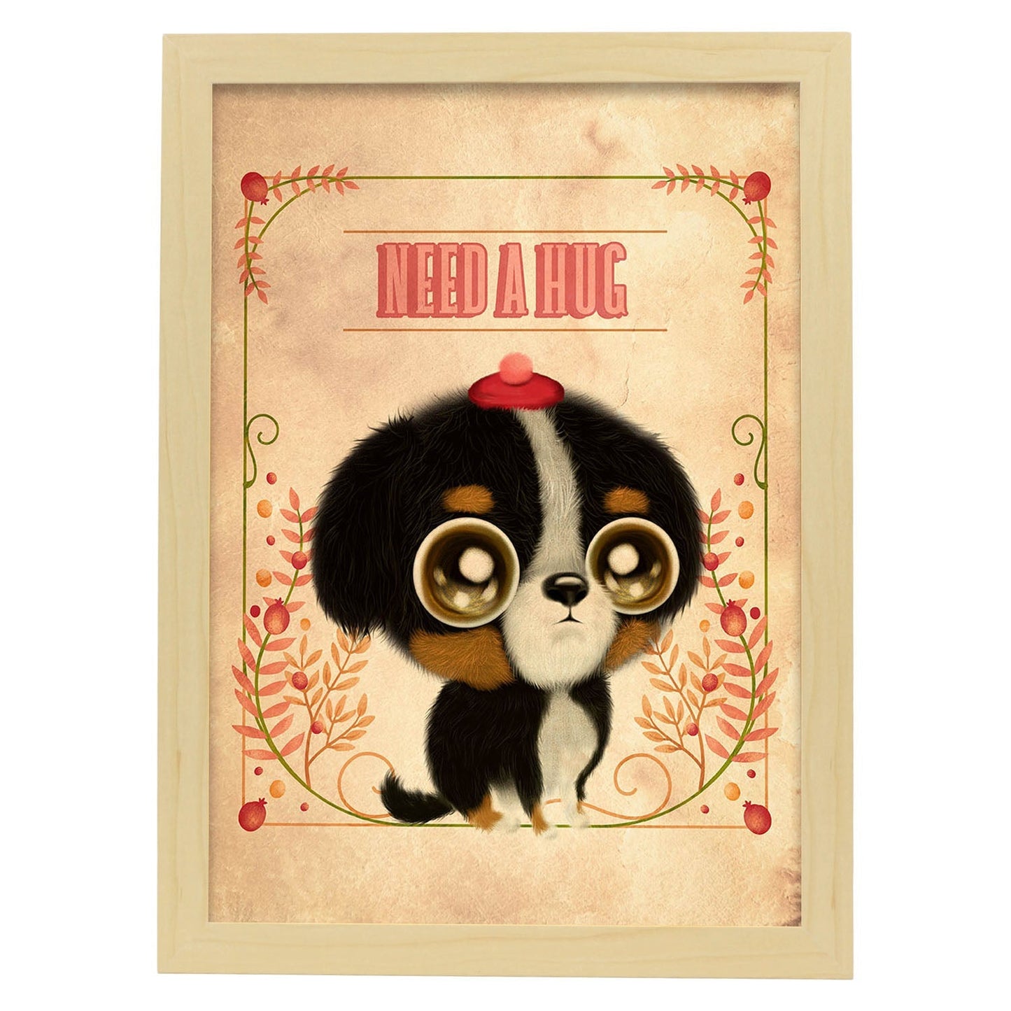 Lámina Necesito un abrazo. Pósters con divertidos animales domésticos.-Artwork-Nacnic-A3-Marco Madera clara-Nacnic Estudio SL
