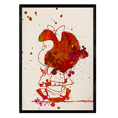 Lámina para enmacar Mafalda. Póster Estilo Acuarela Lleno de Color. Lámina para Cuadro Impresa en Papel de Alta Calidad 250 gr y Color Rojo. Producto de Diseño-Artwork-Nacnic-Nacnic Estudio SL