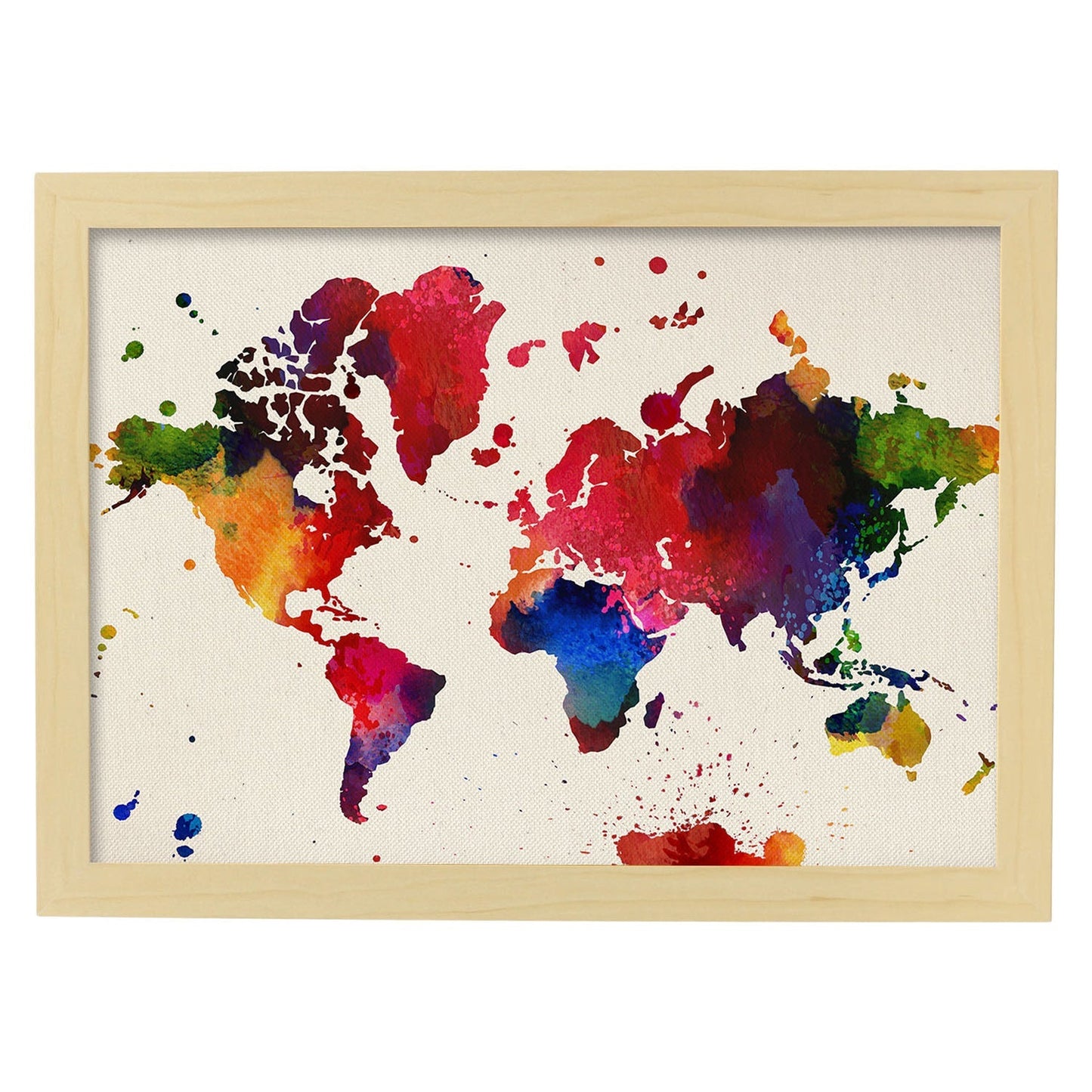 Lámina para enmarcar MAPAMUNDI. MAPA DEL MUNDO. Poster con imágenes del mundo de estilo acuarela. Lámina mapas. Decoración de hogar. Láminas tamaño 30x40 para enmarcar. alta calidad-Artwork-Nacnic-A4-Marco Madera clara-Nacnic Estudio SL