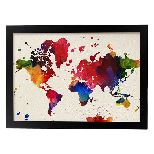 Lámina para enmarcar MAPAMUNDI. MAPA DEL MUNDO. Poster con imágenes del mundo de estilo acuarela. Lámina mapas. Decoración de hogar. Láminas tamaño 30x40 para enmarcar. alta calidad-Artwork-Nacnic-A4-Marco Negro-Nacnic Estudio SL