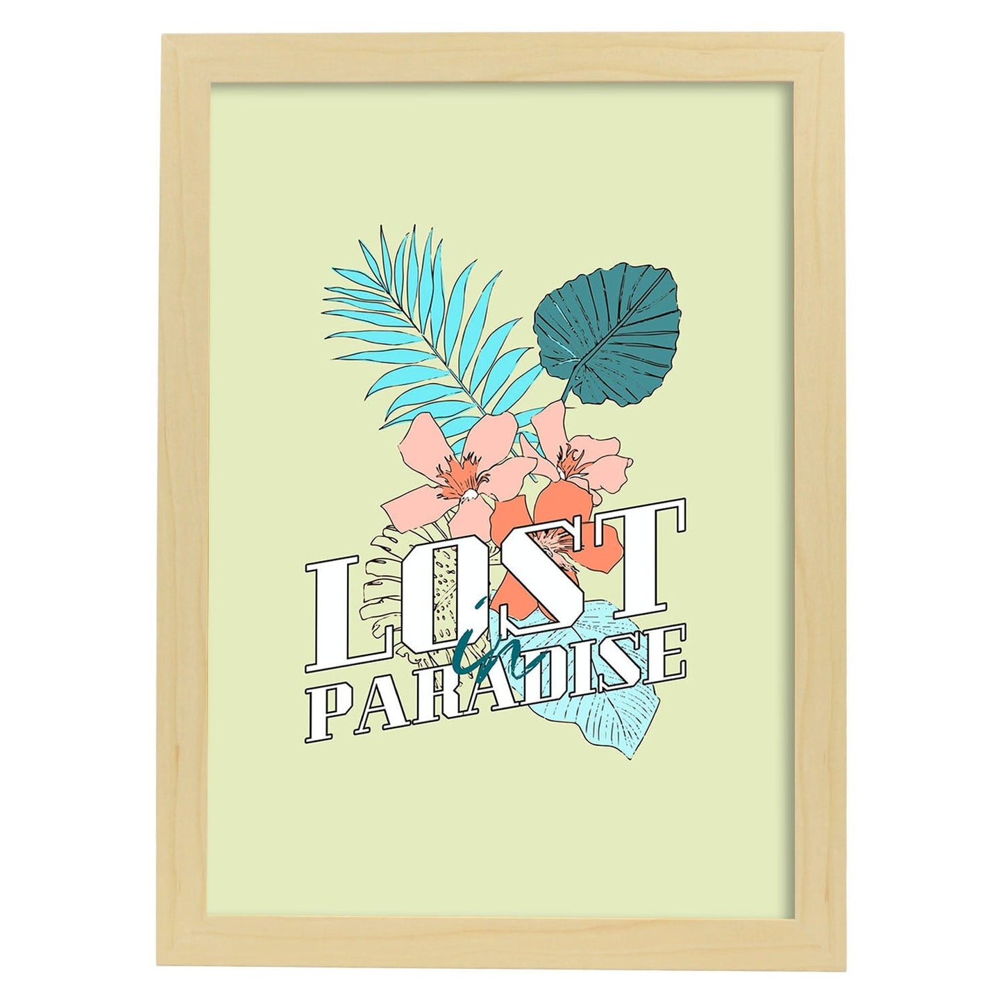 Lámina Perdido en el paraíso. Pósters con ilustraciones florales en tonos pastel.-Artwork-Nacnic-A4-Marco Madera clara-Nacnic Estudio SL