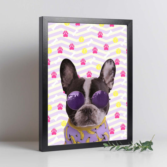 Lámina Perro Funky. Pósters con collages de Pop Art. Fondos con coloridos patrones funky. Decoración de interiores. Tamaño A4.-Nacnic-Nacnic Estudio SL