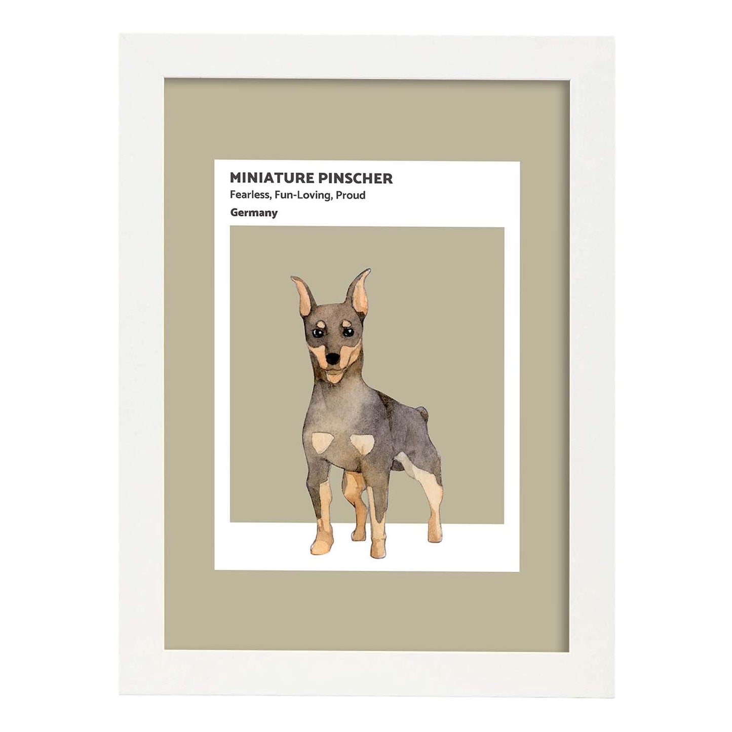 Lámina Pinscher miniatura. Pósters con ilustraciones de razas de perro en tonos cálidos y pastel.-Artwork-Nacnic-A4-Marco Blanco-Nacnic Estudio SL