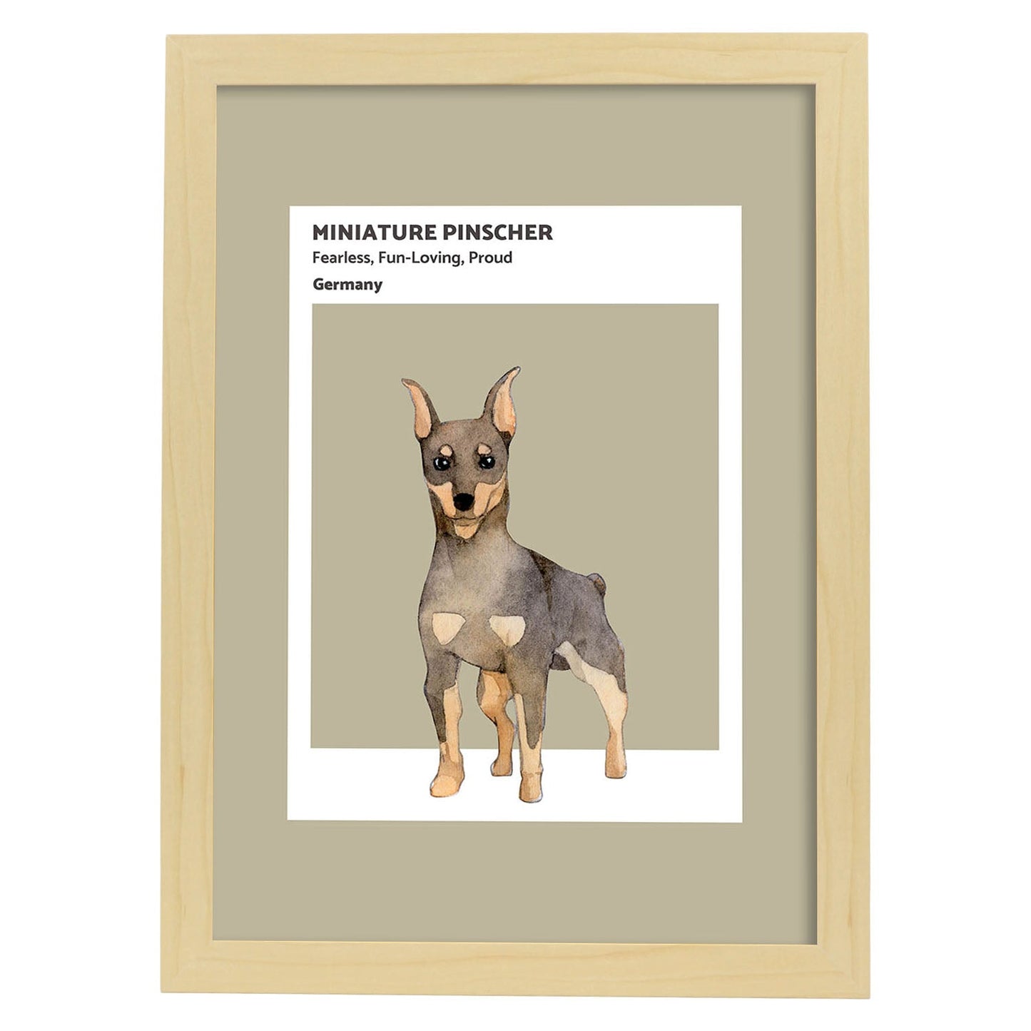 Lámina Pinscher miniatura. Pósters con ilustraciones de razas de perro en tonos cálidos y pastel.-Artwork-Nacnic-A4-Marco Madera clara-Nacnic Estudio SL