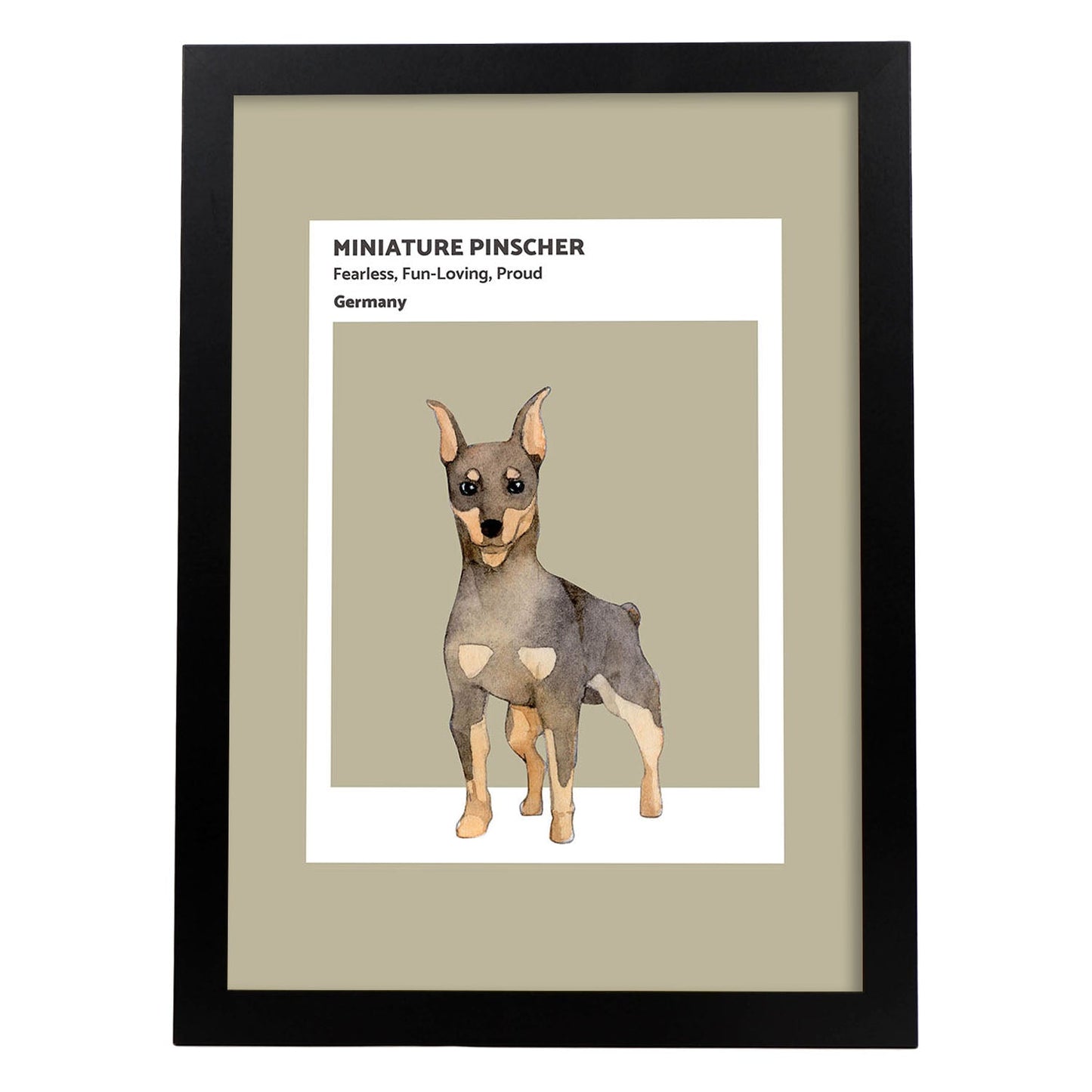 Lámina Pinscher miniatura. Pósters con ilustraciones de razas de perro en tonos cálidos y pastel.-Artwork-Nacnic-A4-Marco Negro-Nacnic Estudio SL