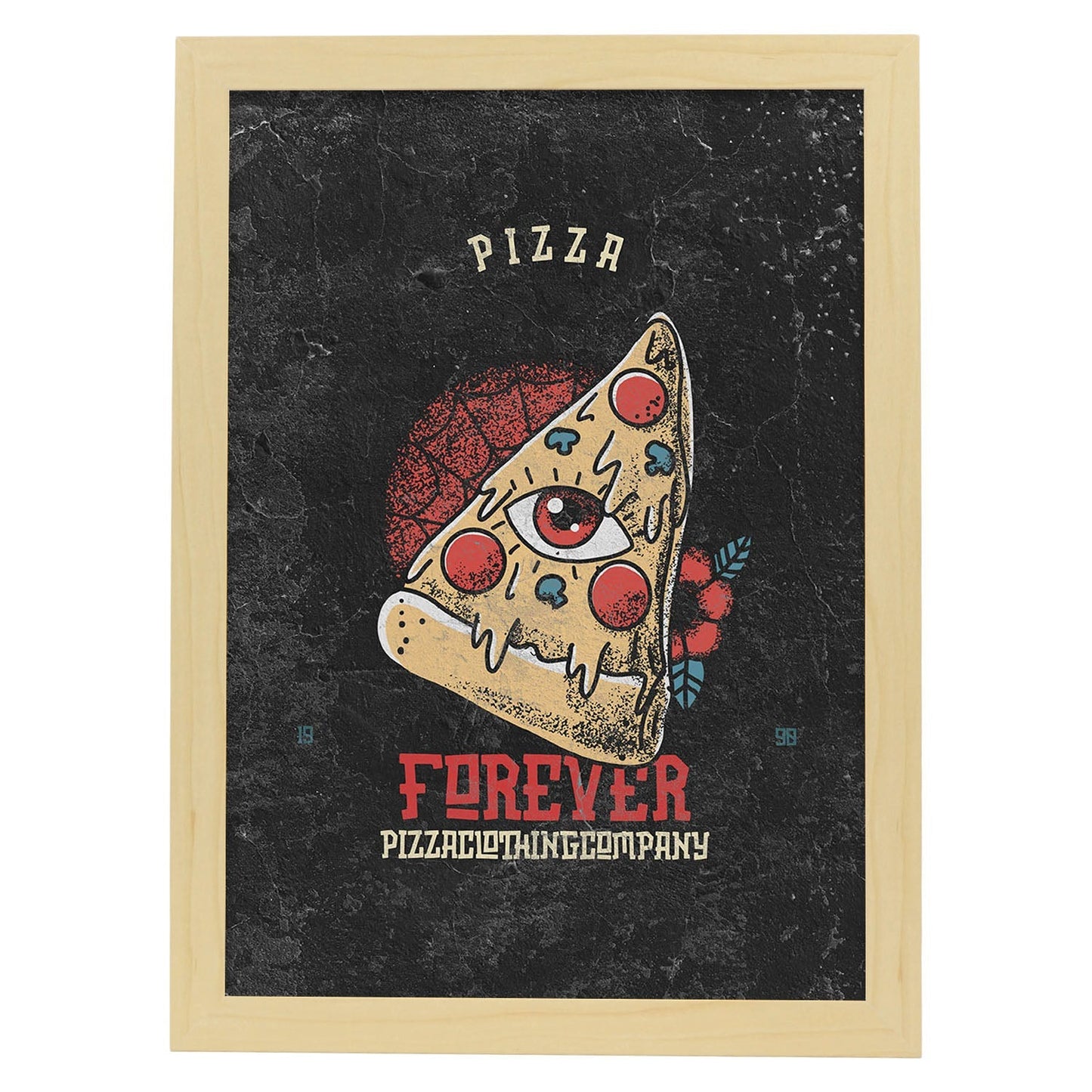 Lámina Pizza. Pósters con modernos diseños estilo tatuaje sobre fondo oscuro.-Artwork-Nacnic-A3-Marco Madera clara-Nacnic Estudio SL