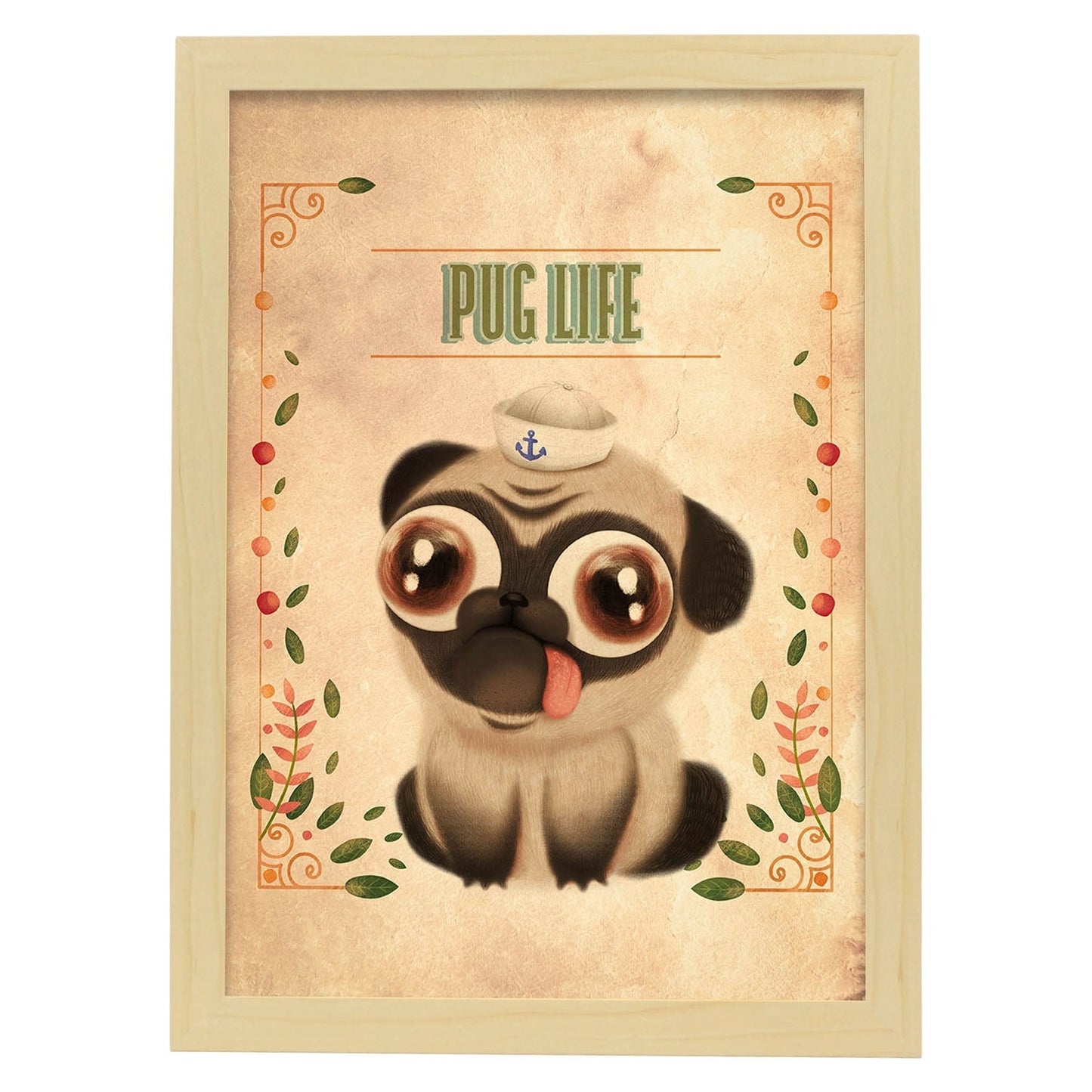 Lámina Pug. Pósters con divertidos animales domésticos.-Artwork-Nacnic-A4-Marco Madera clara-Nacnic Estudio SL