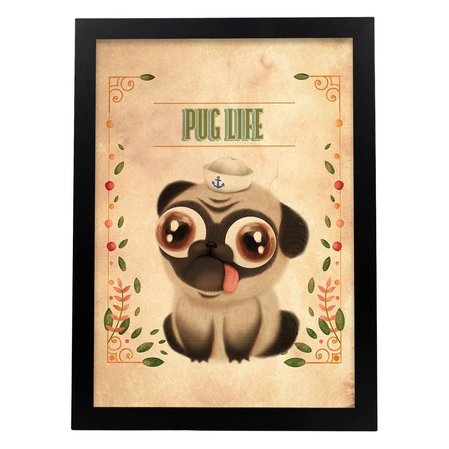 Lámina Pug. Pósters con divertidos animales domésticos.-Artwork-Nacnic-A4-Marco Negro-Nacnic Estudio SL