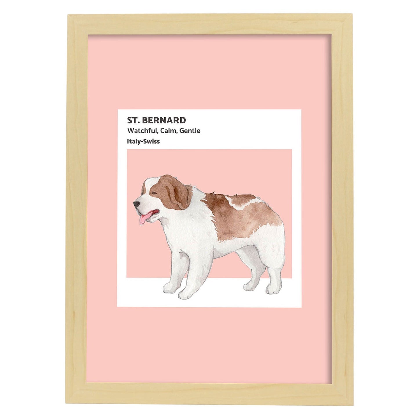 Lámina San Bernardo. Pósters con ilustraciones de razas de perro en tonos cálidos y pastel.-Artwork-Nacnic-A3-Marco Madera clara-Nacnic Estudio SL
